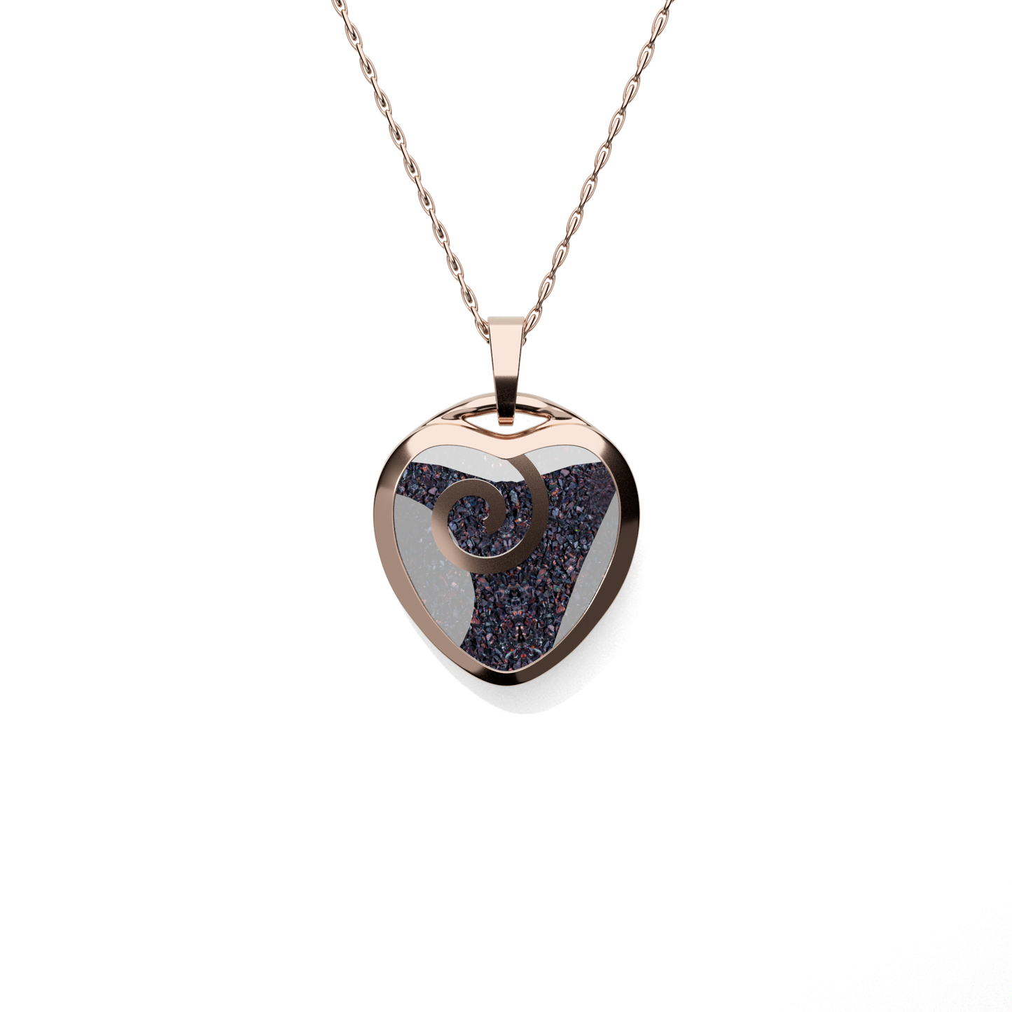 Opals & Ashes Spiral Heart Memorial Pendant 9ct Rose Gold. Ashes blended with Black Fire Opals.