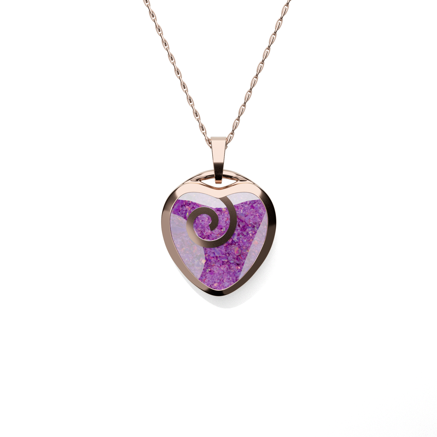 Opals & Ashes Spiral Heart Memorial Pendant 9ct Rose Gold. Ashes blended with Lavender Opals.