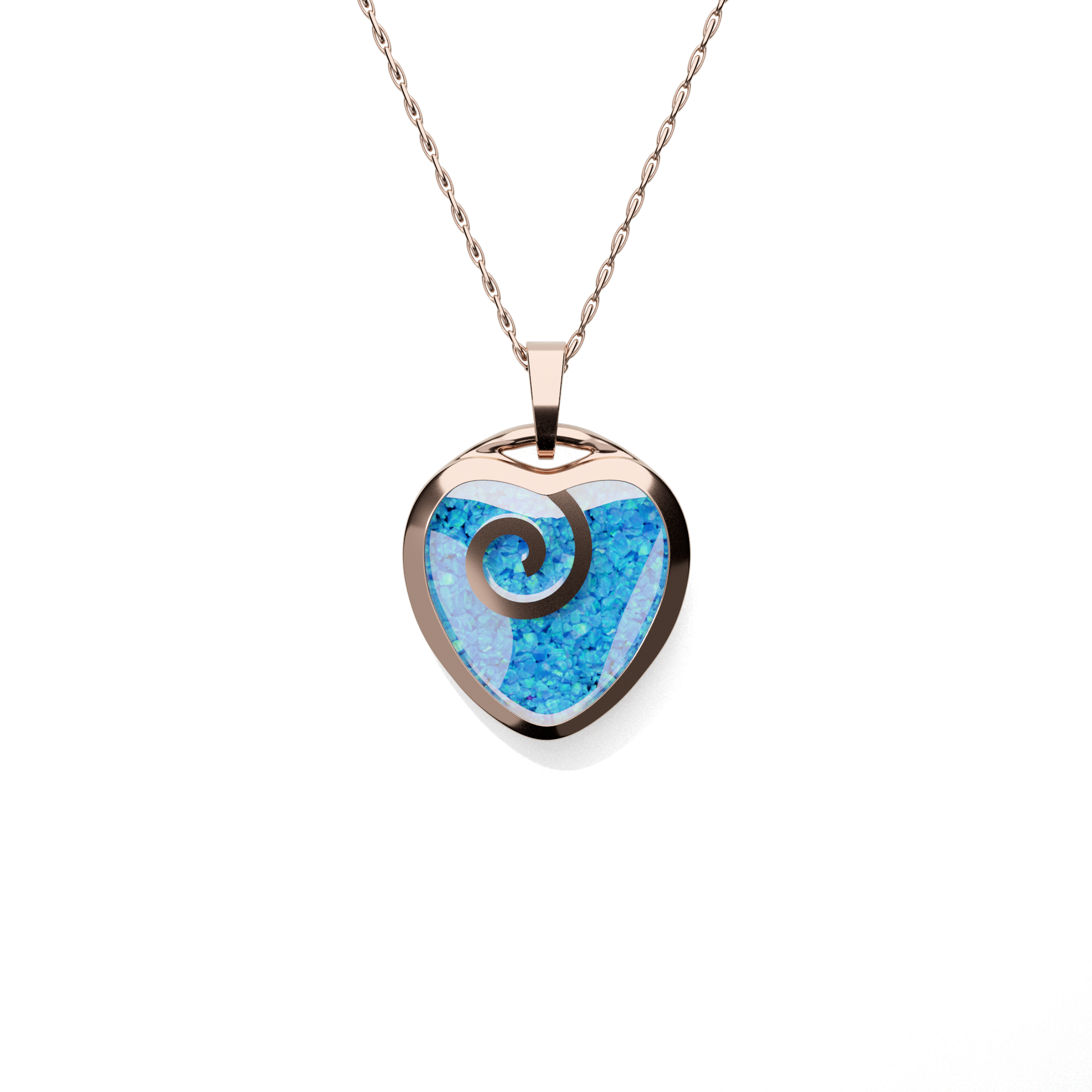 Opals & Ashes Spiral Heart Memorial Pendant 9ct Rose Gold. Ashes blended with Pacific Blue Opals.