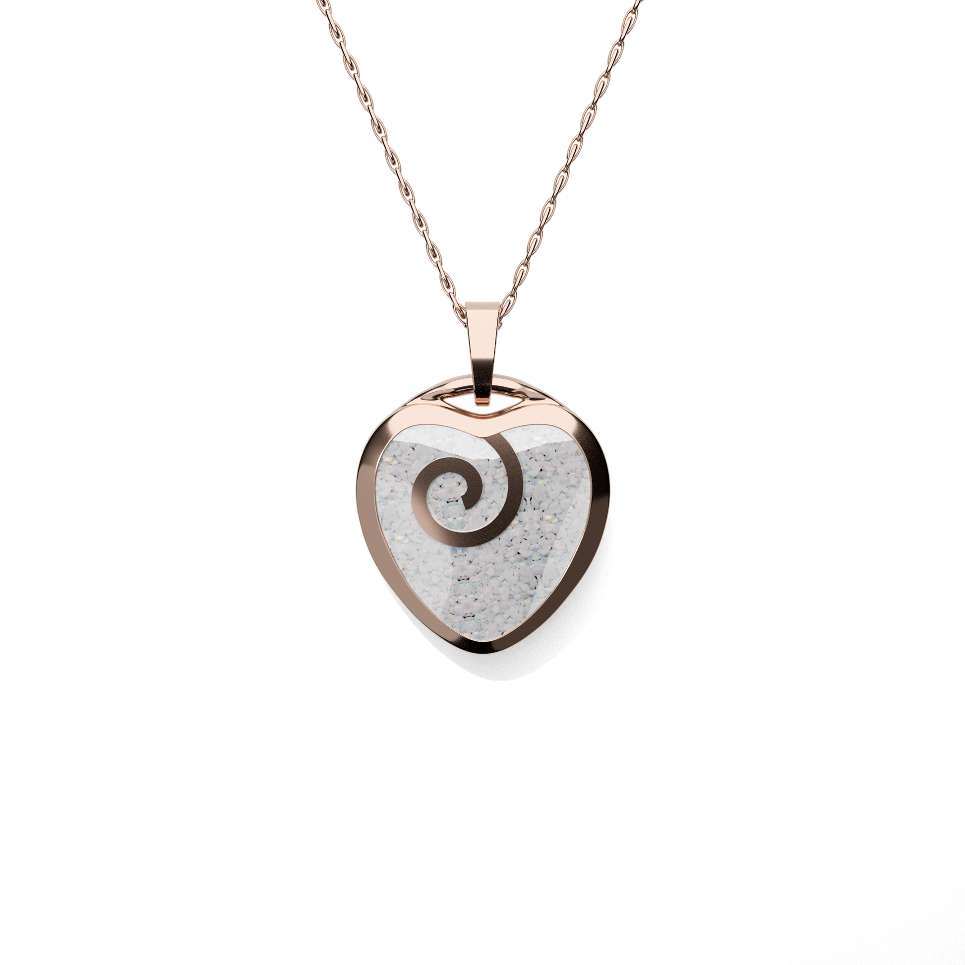 Opals & Ashes Spiral Heart Memorial Pendant 9ct Rose Gold. Ashes blended with Pearl White Opals.