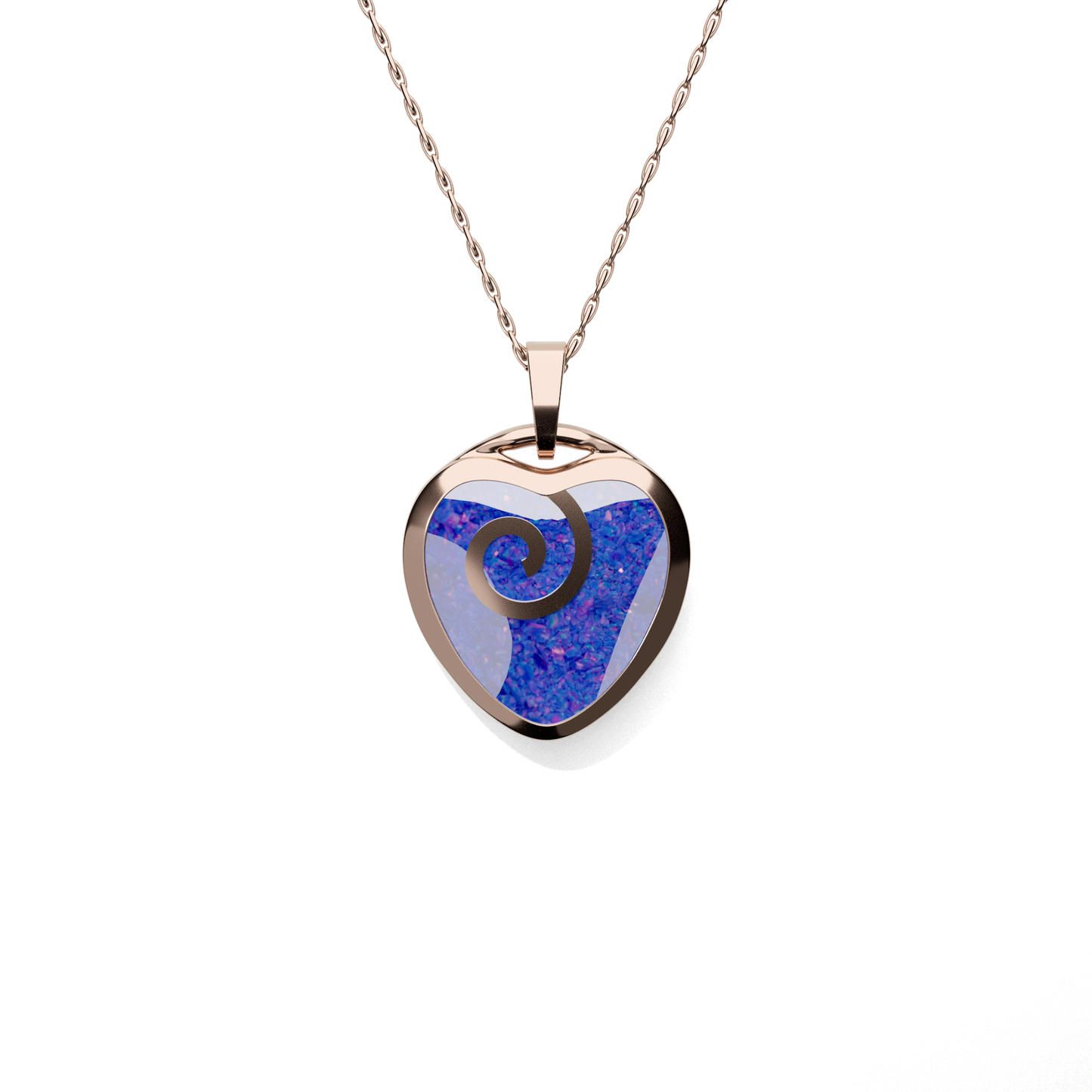 Opals & Ashes Spiral Heart Memorial Pendant 9ct Rose Gold. Ashes blended with Royal Blue Opals.