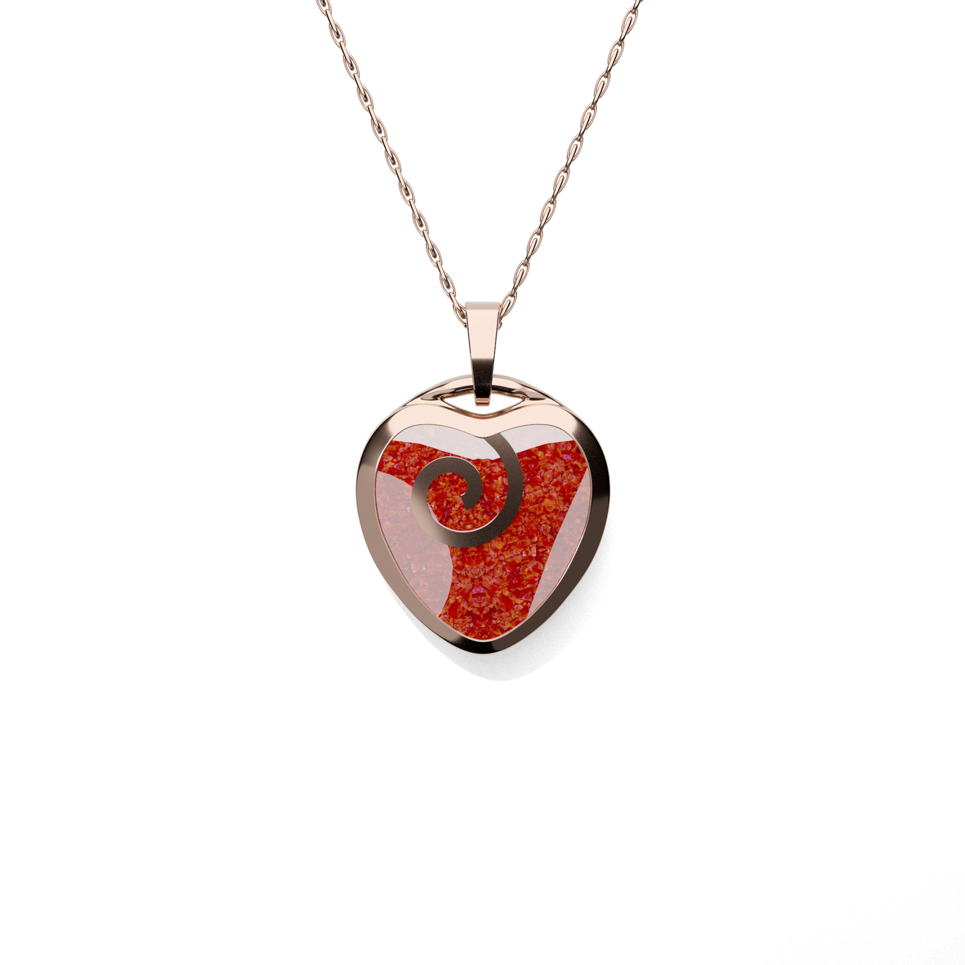 Opals & Ashes Spiral Heart Memorial Pendant 9ct Rose Gold. Ashes blended with Ruby Red Opals.