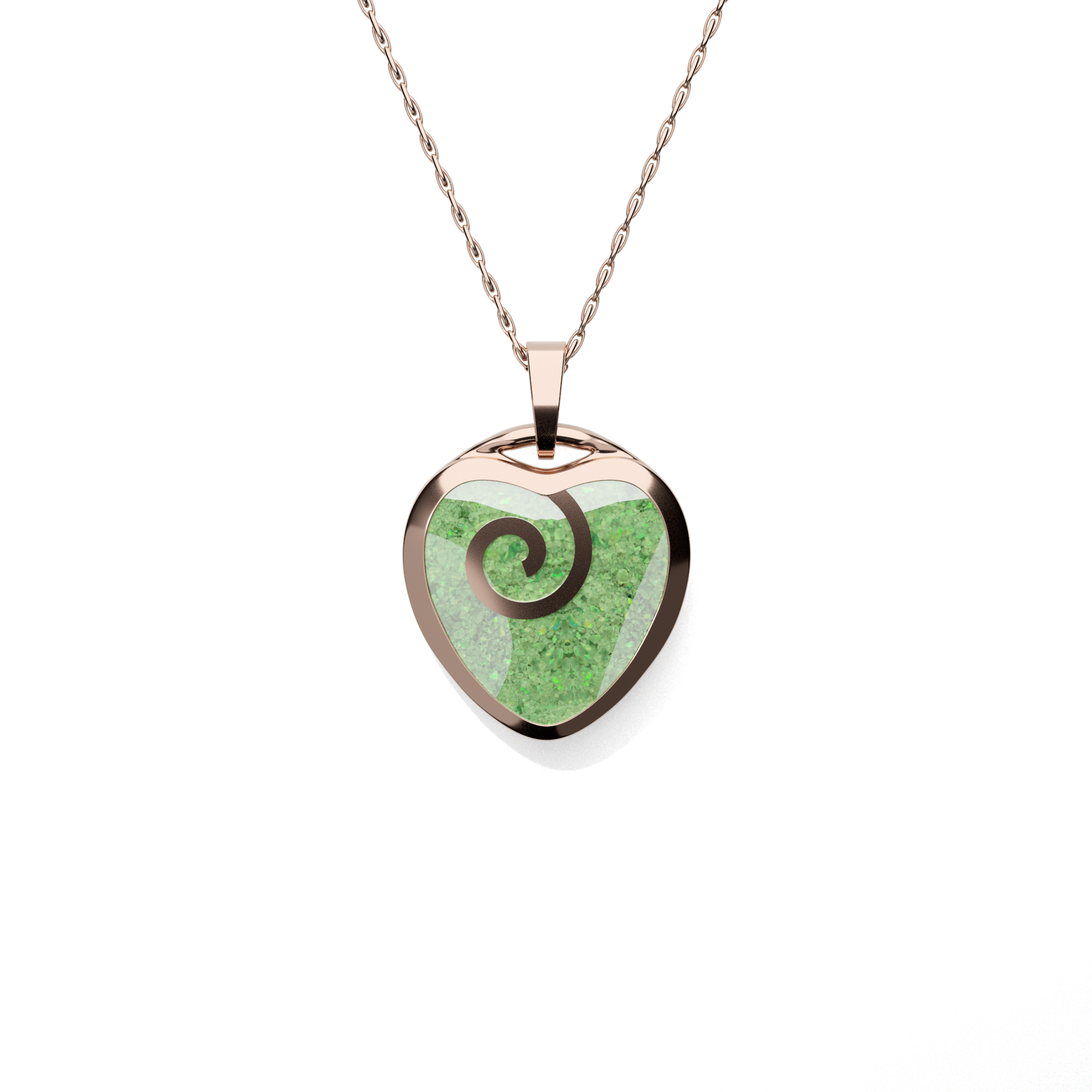 Opals & Ashes Spiral Heart Memorial Pendant 9ct Rose Gold. Ashes blended with Spring Green Opals.