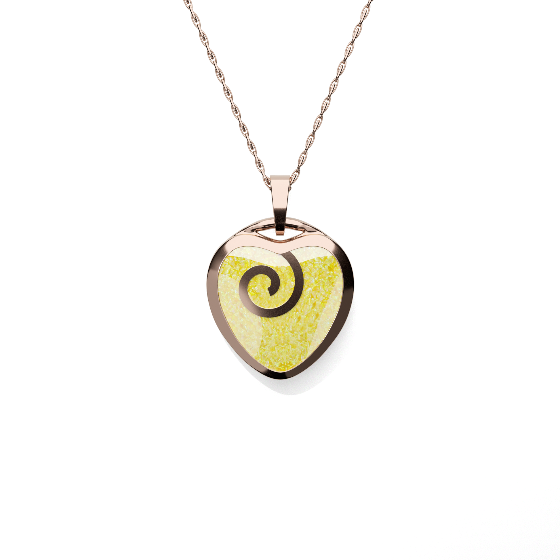 Opals & Ashes Spiral Heart Memorial Pendant 9ct Rose Gold. Ashes blended with Summer Yellow Opals.