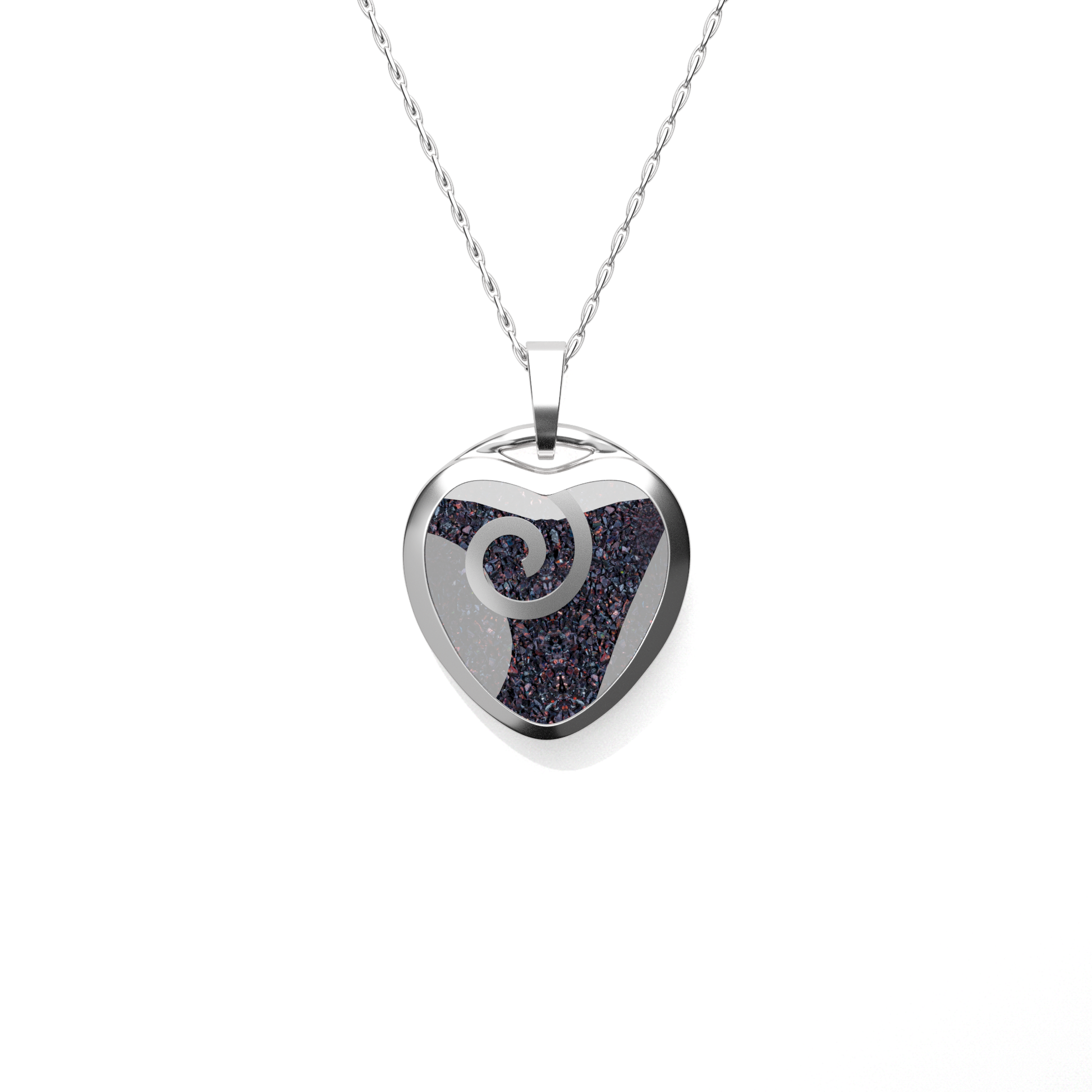 Opals & Ashes Spiral Heart Memorial Pendant Silver. Ashes blended with Black Fire Opals.