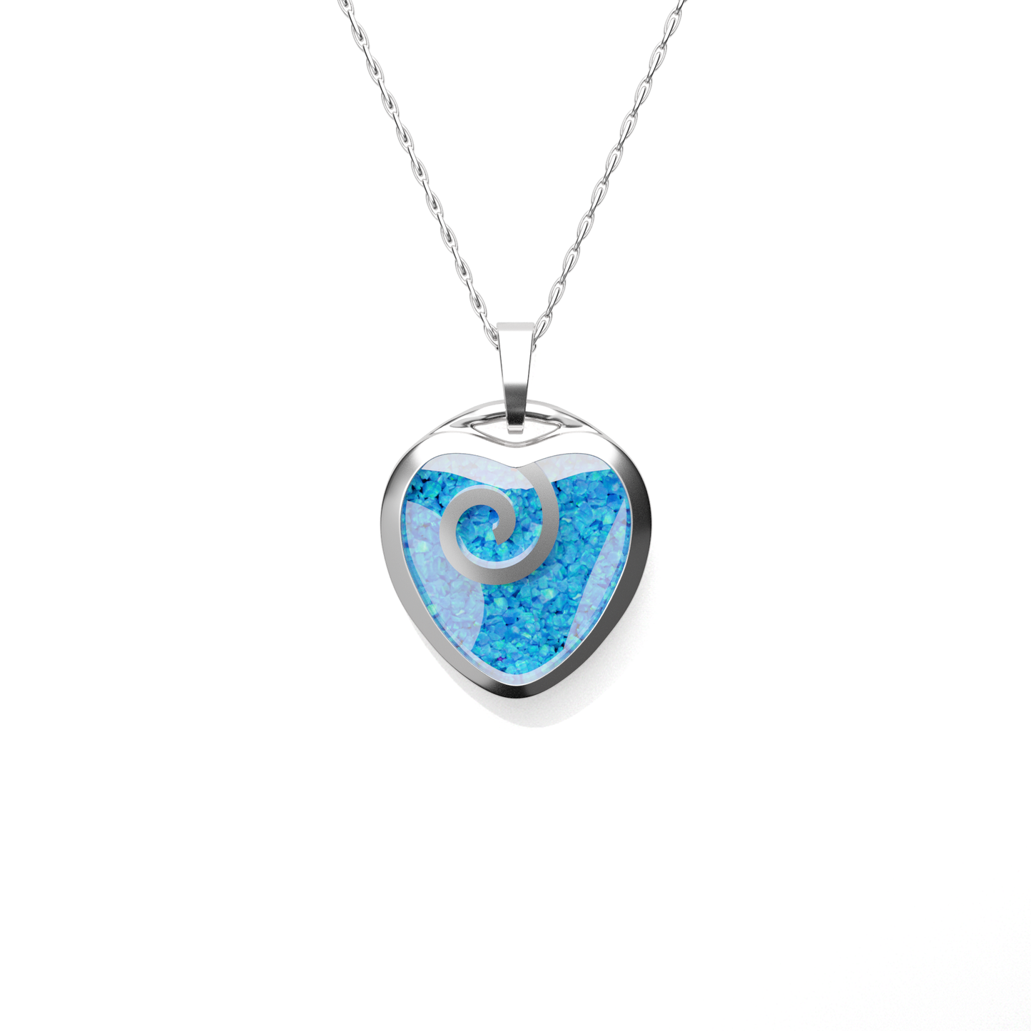 Opals & Ashes Spiral Heart Memorial Pendant Silver. Ashes blended with Pacific Blue Opals.