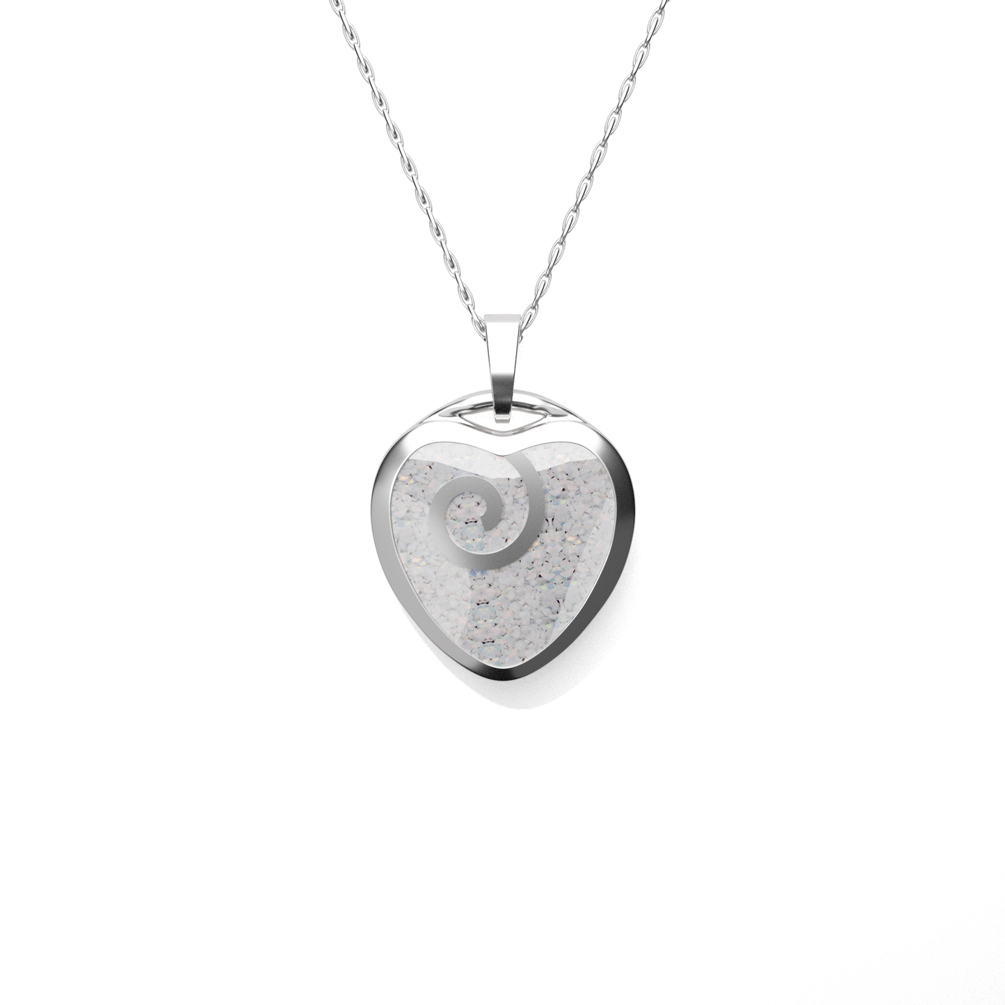 Opals & Ashes Spiral Heart Memorial Pendant Silver. Ashes blended with Pearl White Opals.