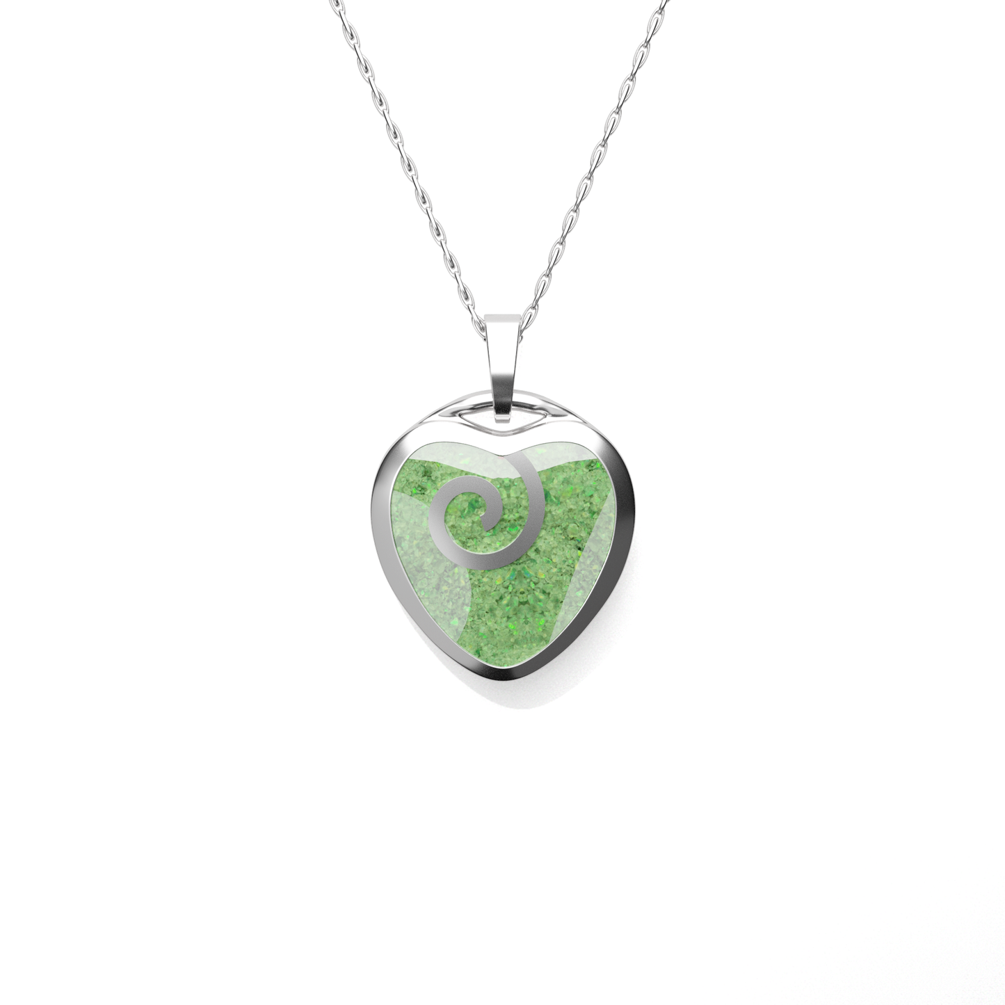 Opals & Ashes Spiral Heart Memorial Pendant Silver. Ashes blended with Spring Green Opals.