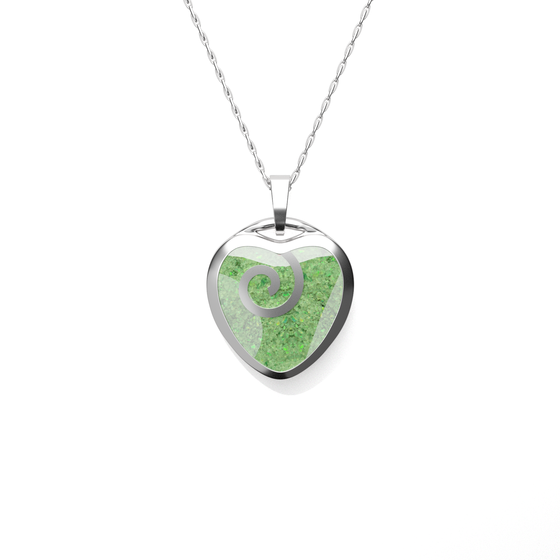 Opals & Ashes Spiral Heart Memorial Pendant Silver. Ashes blended with Spring Green Opals.