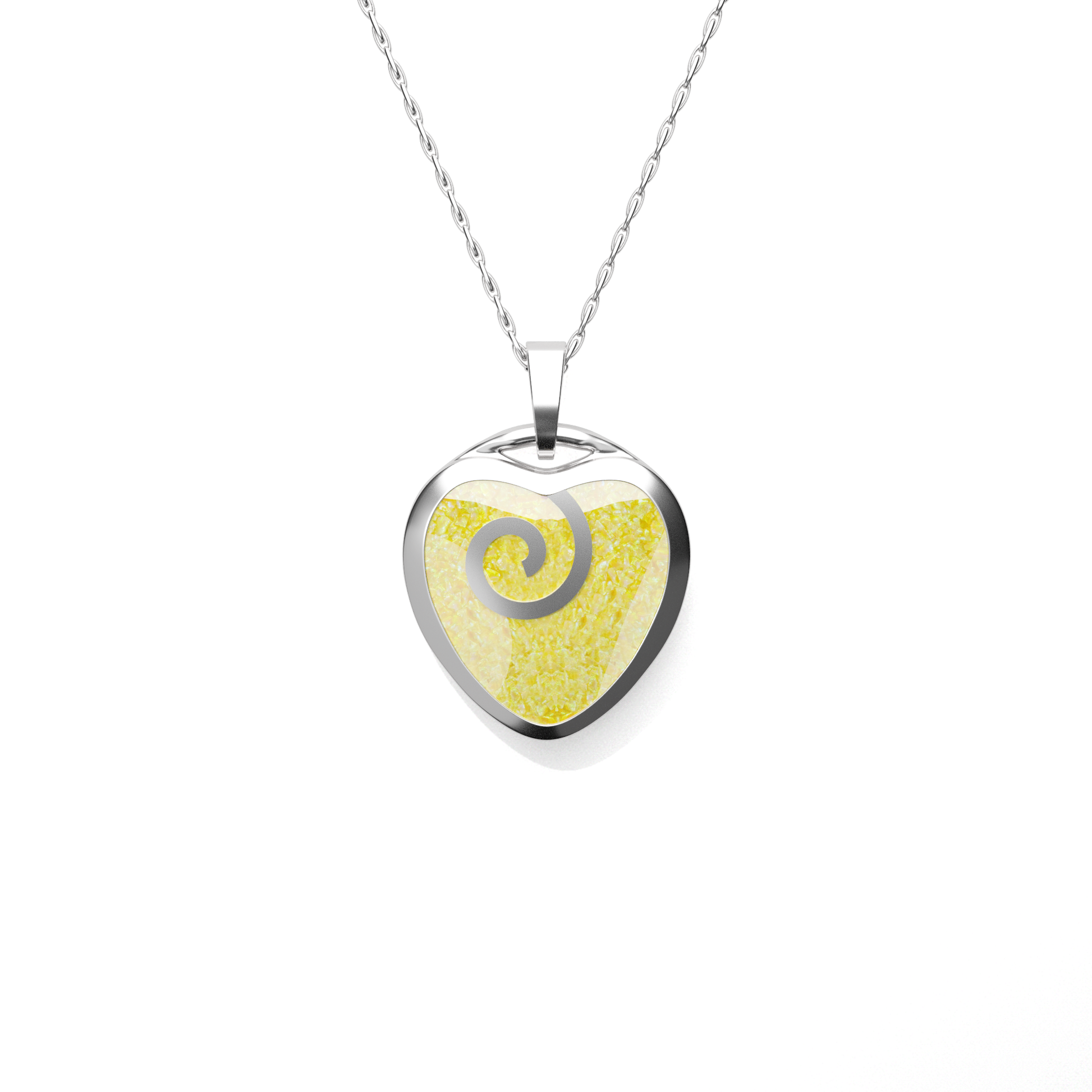 Opals & Ashes Spiral Heart Memorial Pendant Silver. Ashes blended with Summer Yellow Opals.