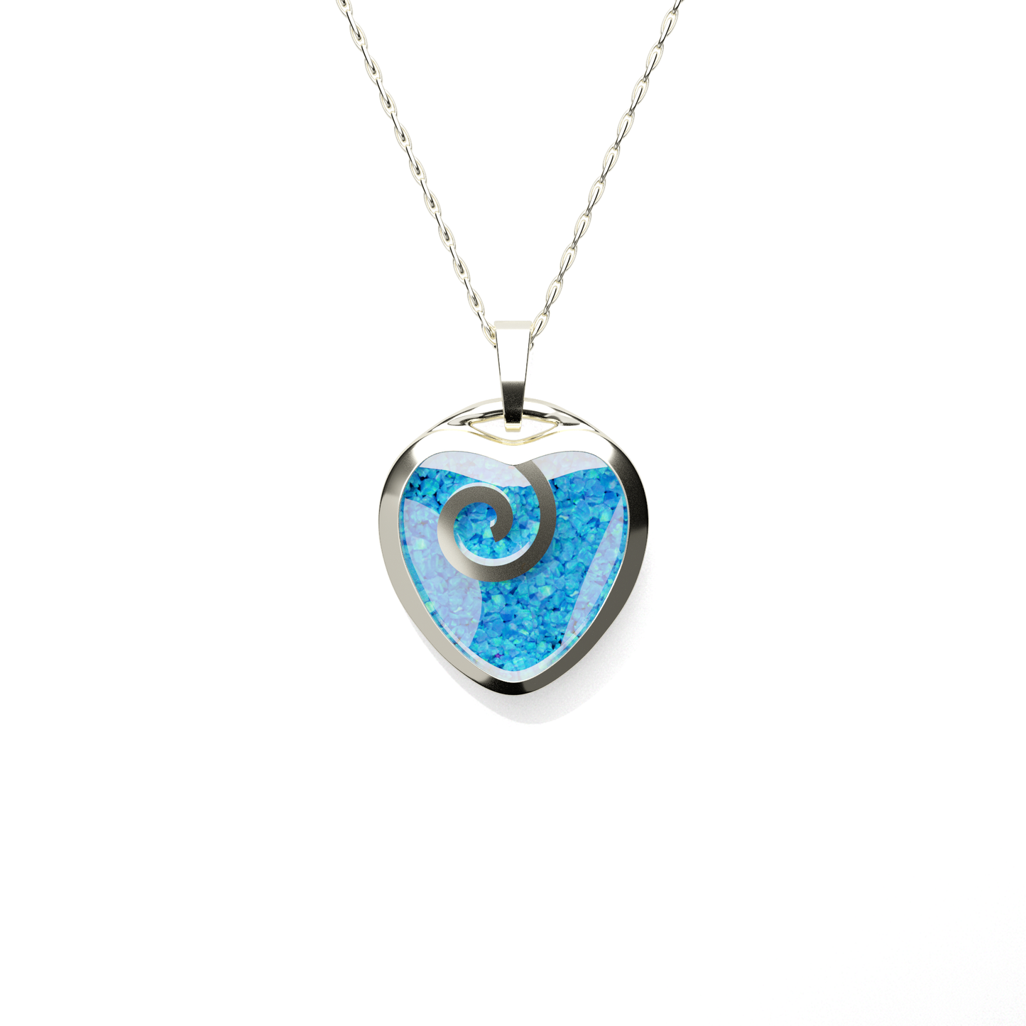 Opals & Ashes Spiral Heart Memorial Pendant 9ct White Gold. Ashes blended with Pacific Blue Opals.