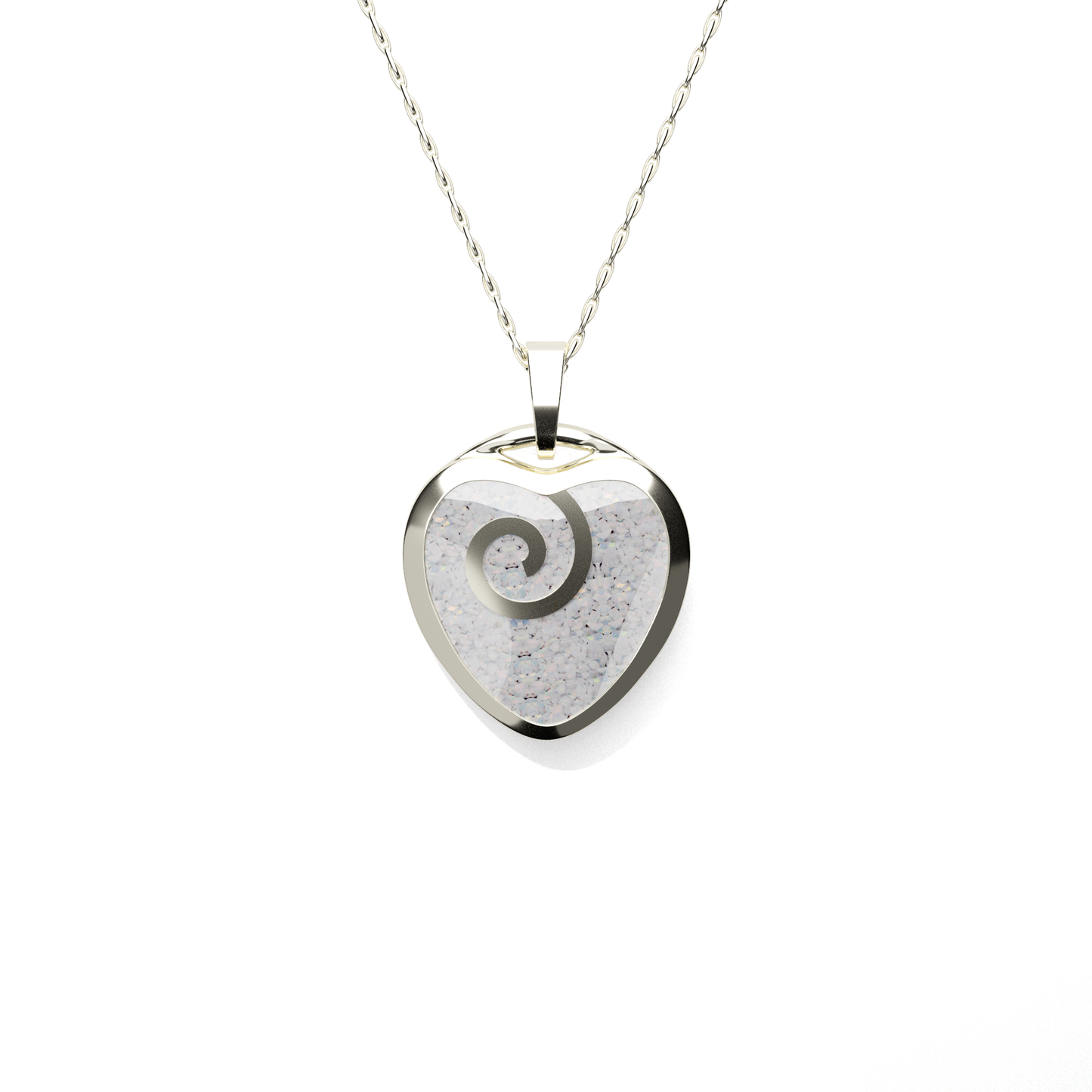 Opals & Ashes Spiral Heart Memorial Pendant 9ct White Gold. Ashes blended with Pearl White Opals.