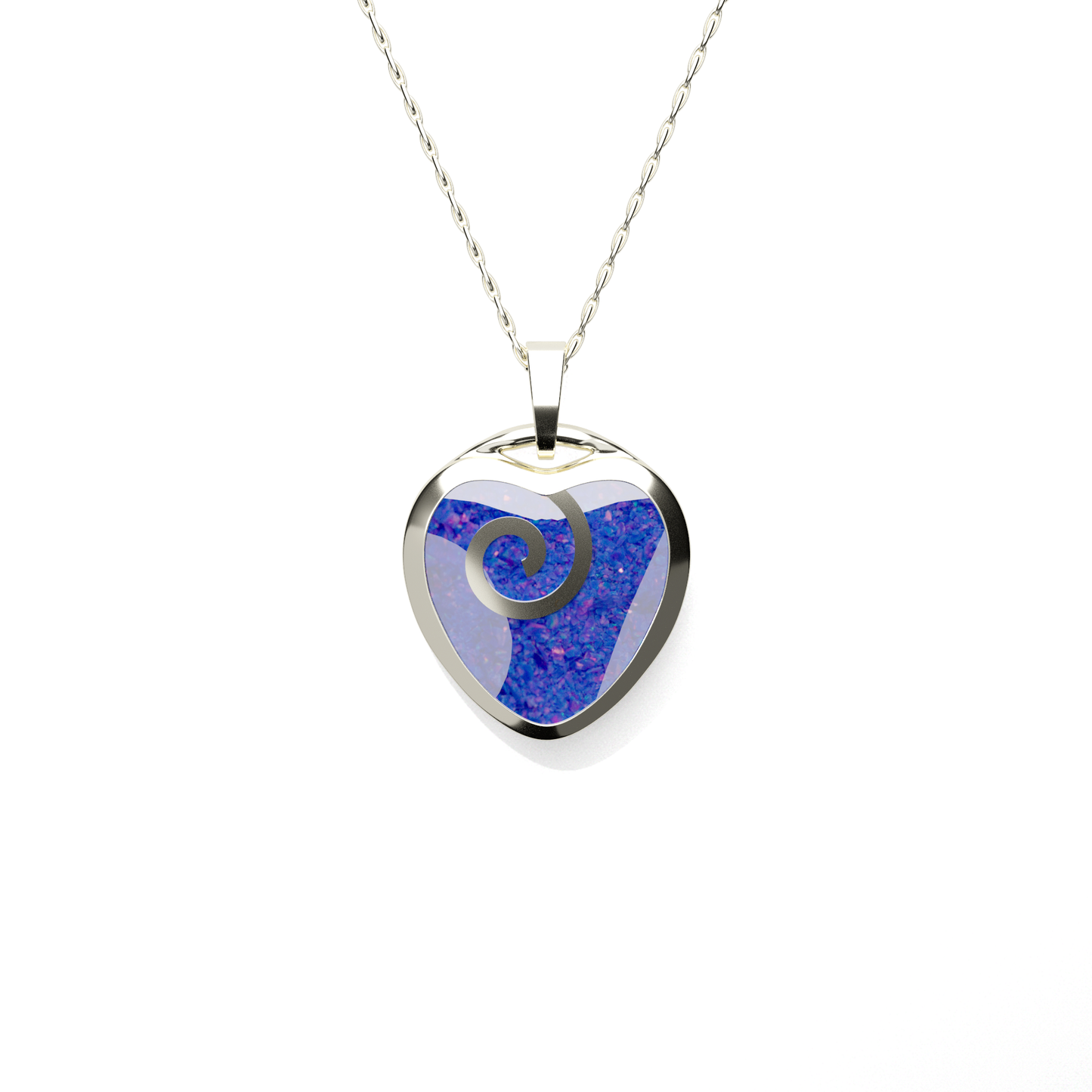 Opals & Ashes Spiral Heart Memorial Pendant 9ct White Gold. Ashes blended with Royal Blue Opals.