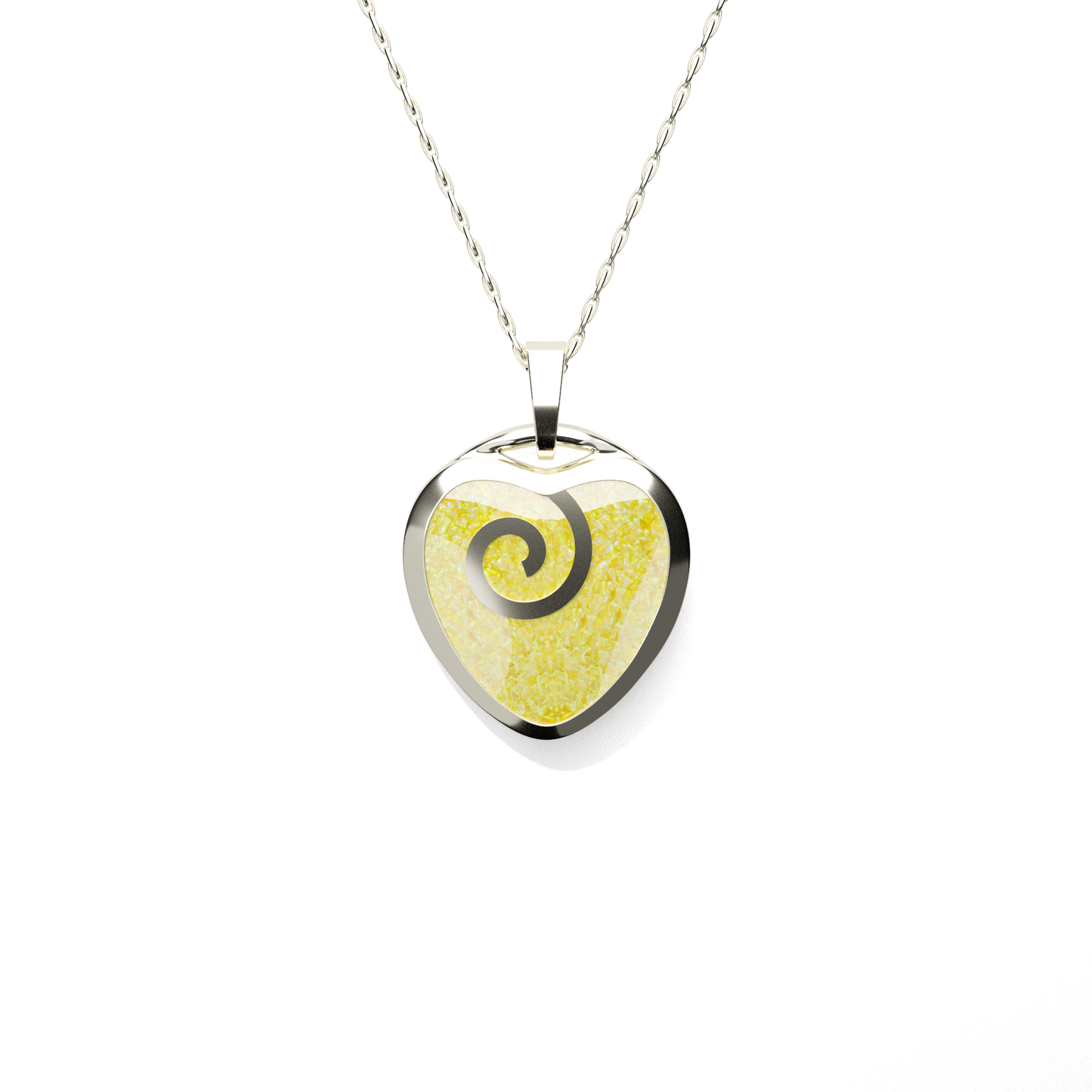 Opals & Ashes Spiral Heart Memorial Pendant 9ct White Gold. Ashes blended with Summer Yellow Opals.