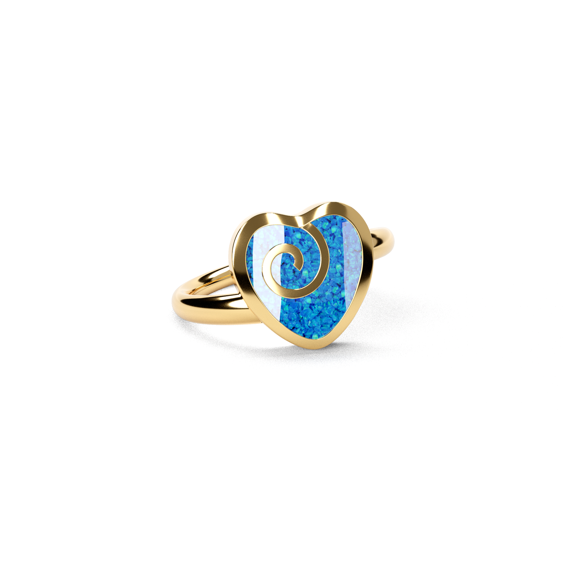 Opals & Ashes Spiral Heart Memorial Ring 9ct Yellow Gold. Ashes blended with Pacific Blue Opals.