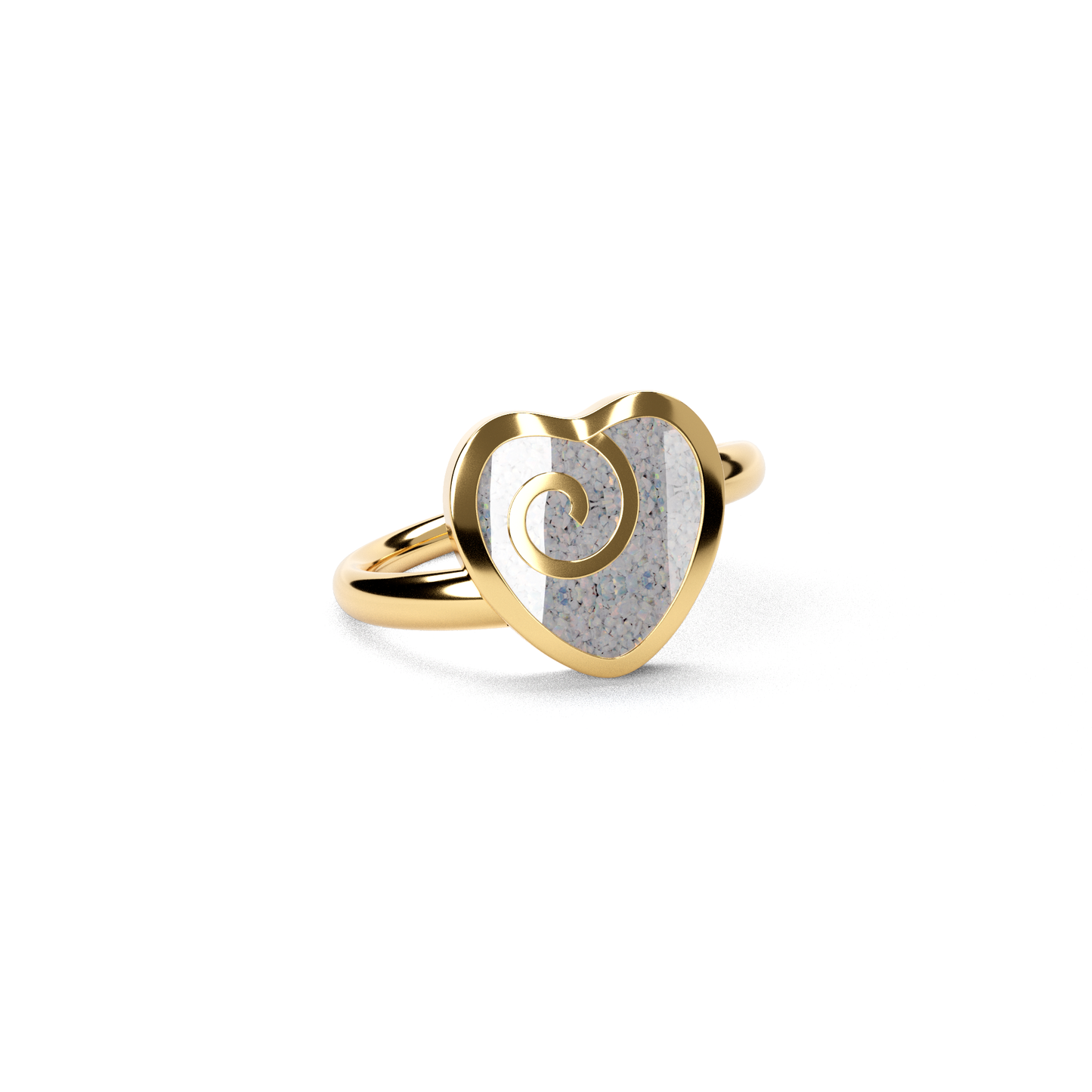 Opals & Ashes Spiral Heart Memorial Ring 9ct Yellow Gold. Ashes blended with Pearl White Opals.