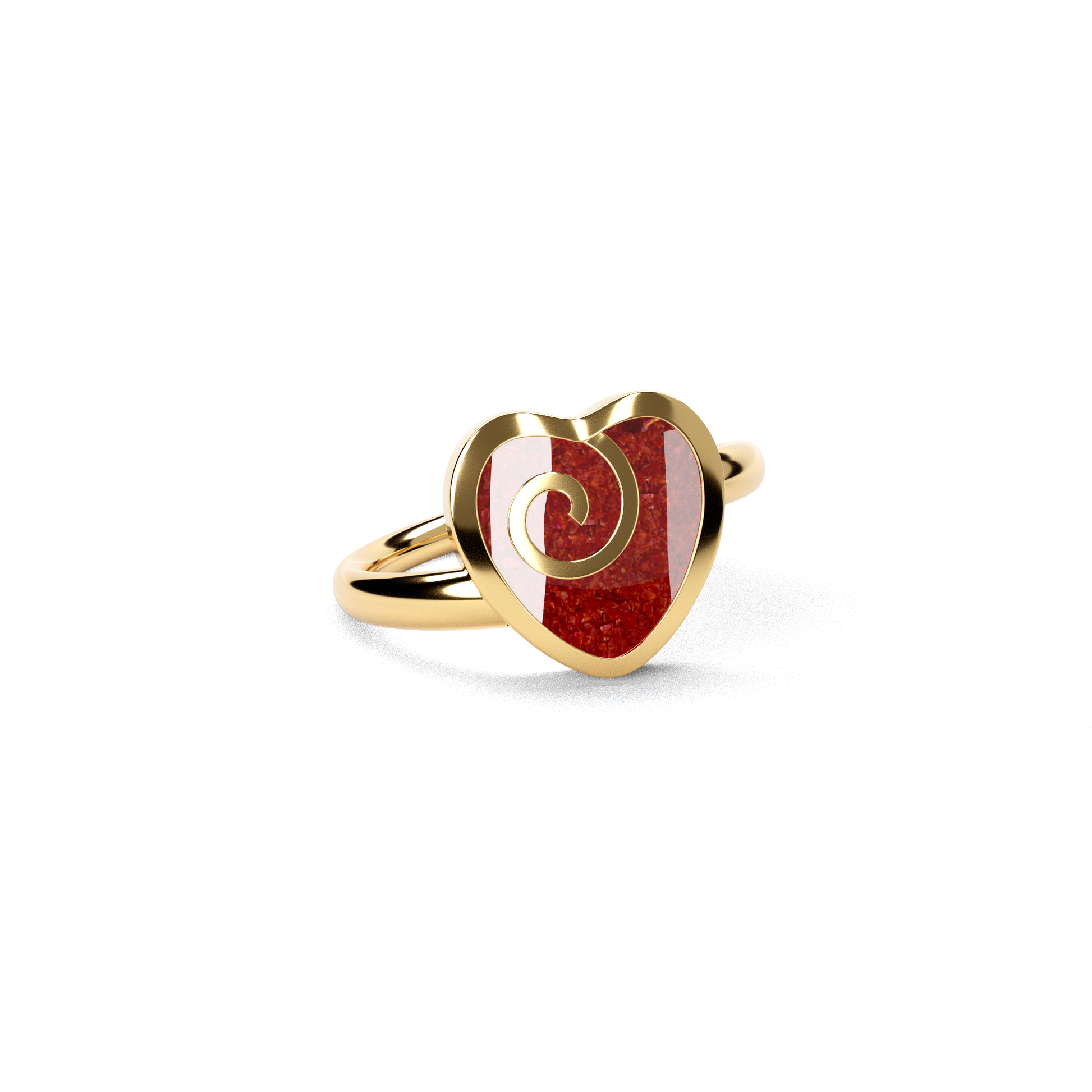 Opals & Ashes Spiral Heart Memorial Ring 9ct Yellow Gold. Ashes blended with Ruby Red Opals.