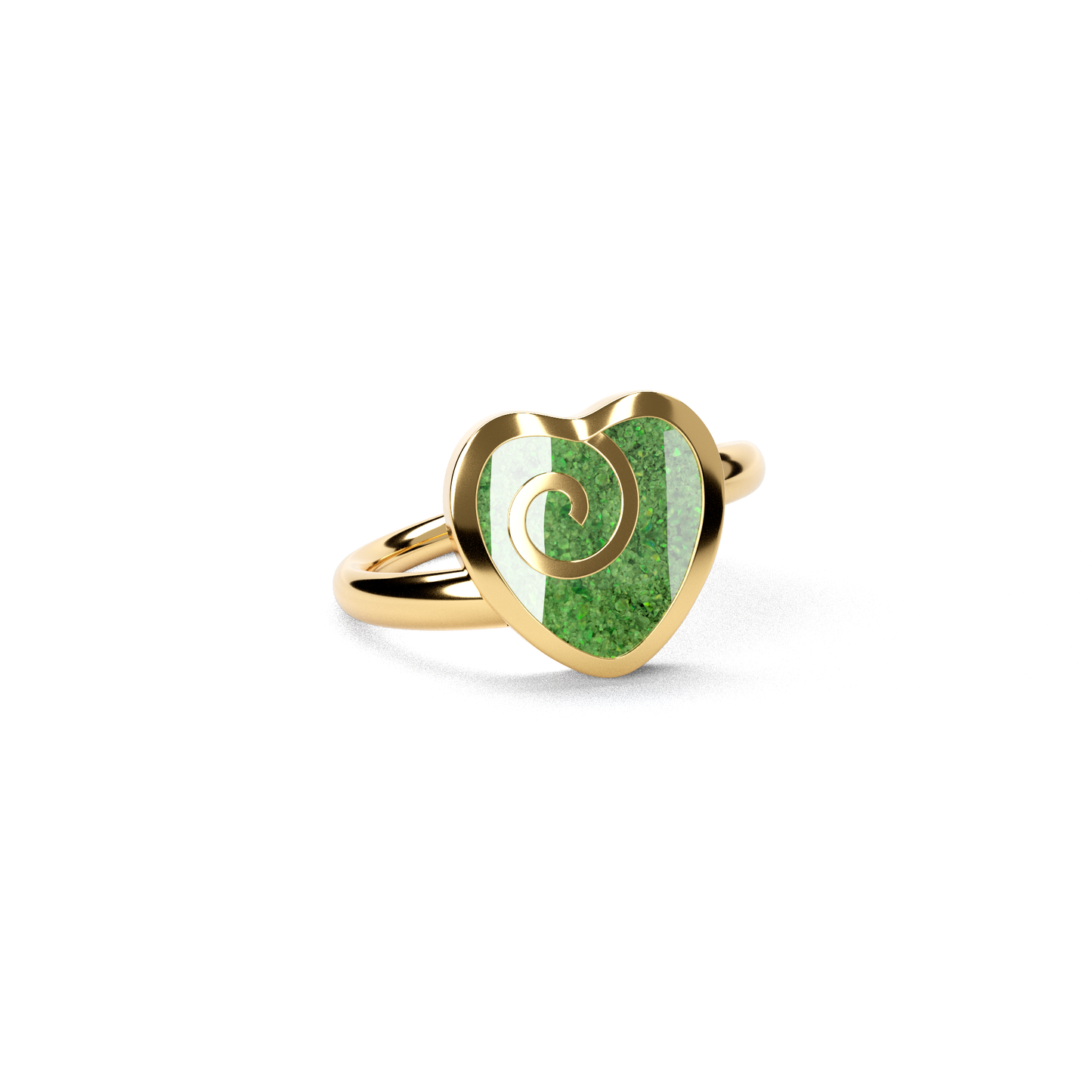 Opals & Ashes Spiral Heart Memorial Ring 9ct Yellow Gold. Ashes blended with Spring Green Opals.