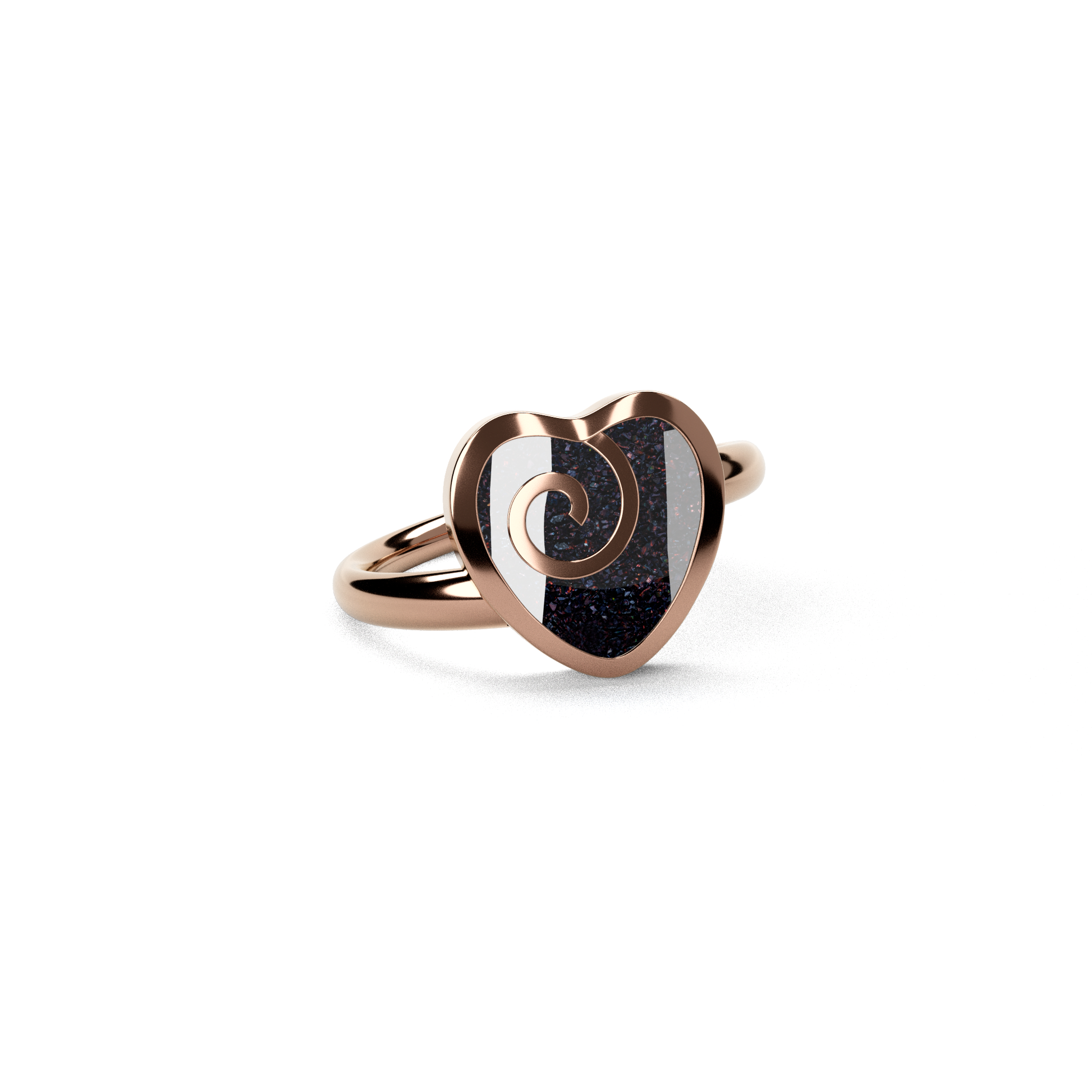 Opals & Ashes Spiral Heart Memorial Ring 9ct Rose Gold. Ashes blended with Black Fire Opals.