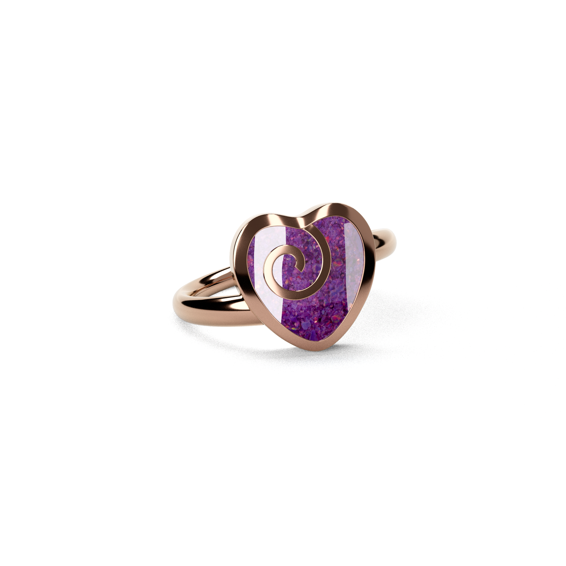 Opals & Ashes Spiral Heart Memorial Ring 9ct Rose Gold. Ashes blended with Lavender Opals.