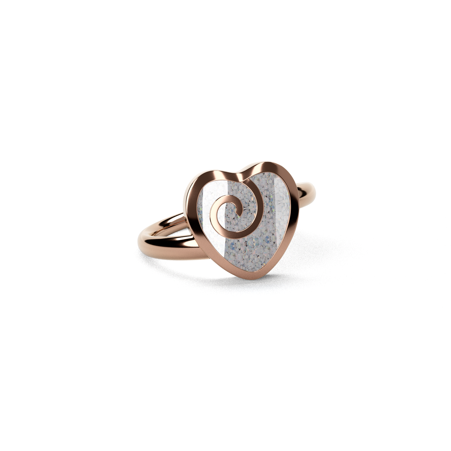 Opals & Ashes Spiral Heart Memorial Ring 9ct Rose Gold. Ashes blended with Pearl White Opals.