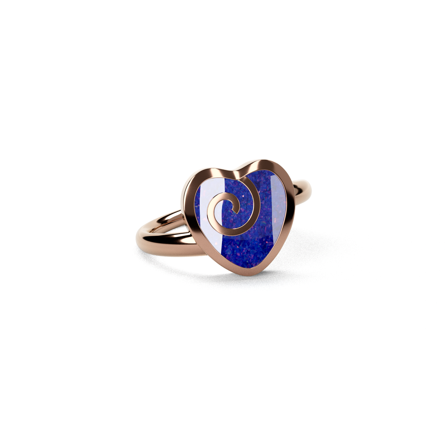 Opals & Ashes Spiral Heart Memorial Ring 9ct Rose Gold. Ashes blended with Royal Blue Opals.