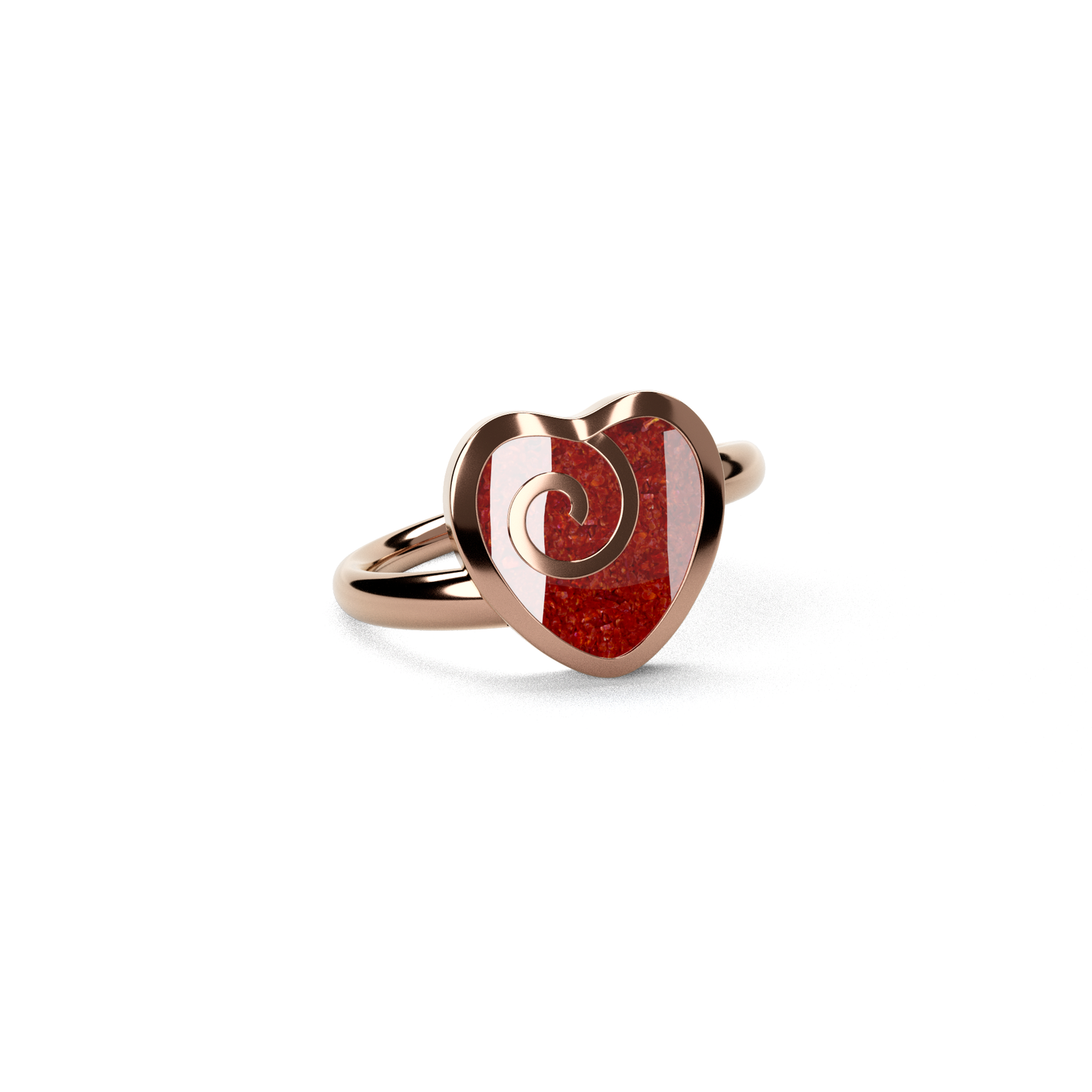 Opals & Ashes Spiral Heart Memorial Ring 9ct Rose Gold. Ashes blended with Ruby Red Opals.