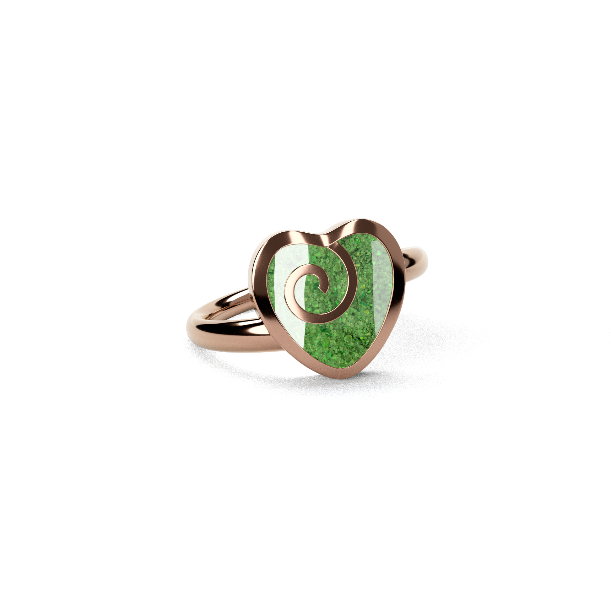 Opals & Ashes Spiral Heart Memorial Ring 9ct Rose Gold. Ashes blended with Spring Green Opals.