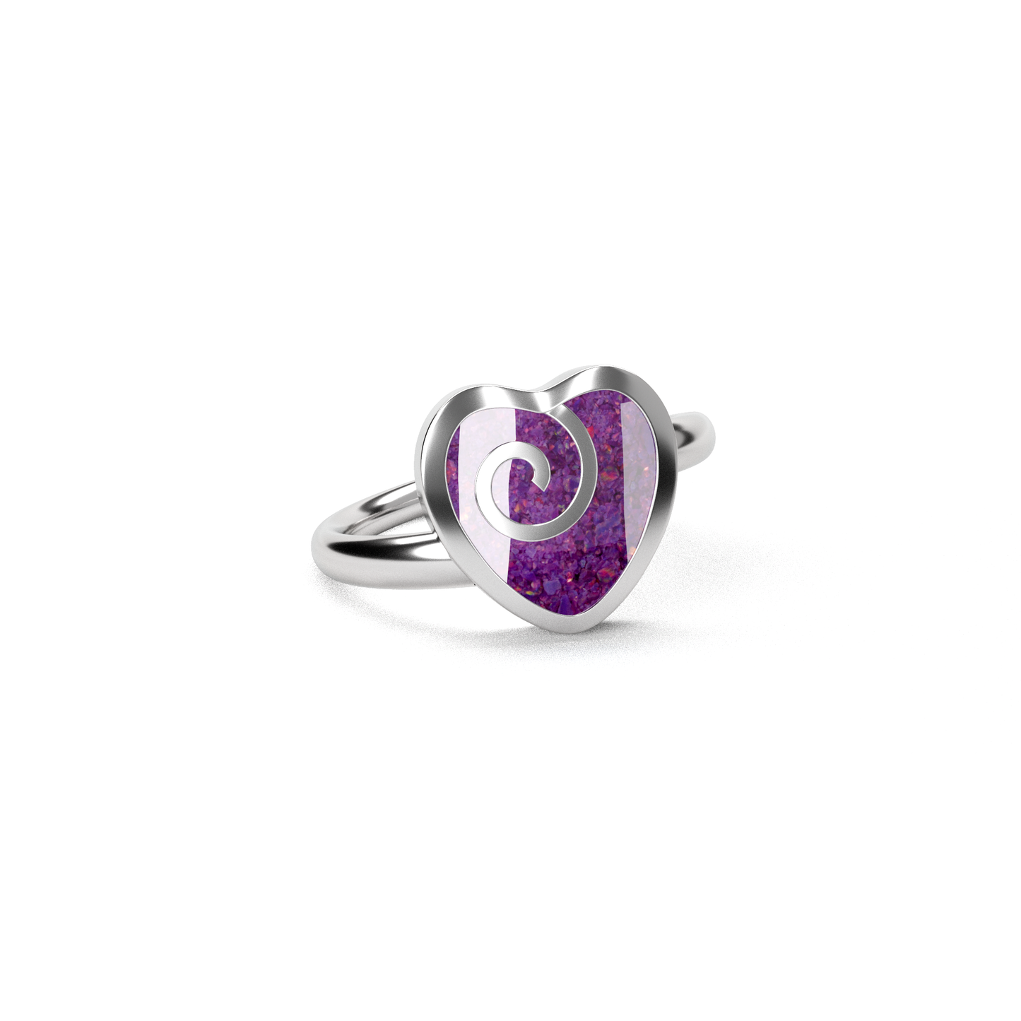 Opals & Ashes Spiral Heart Memorial Ring Silver. Ashes blended with Lavender Opals.