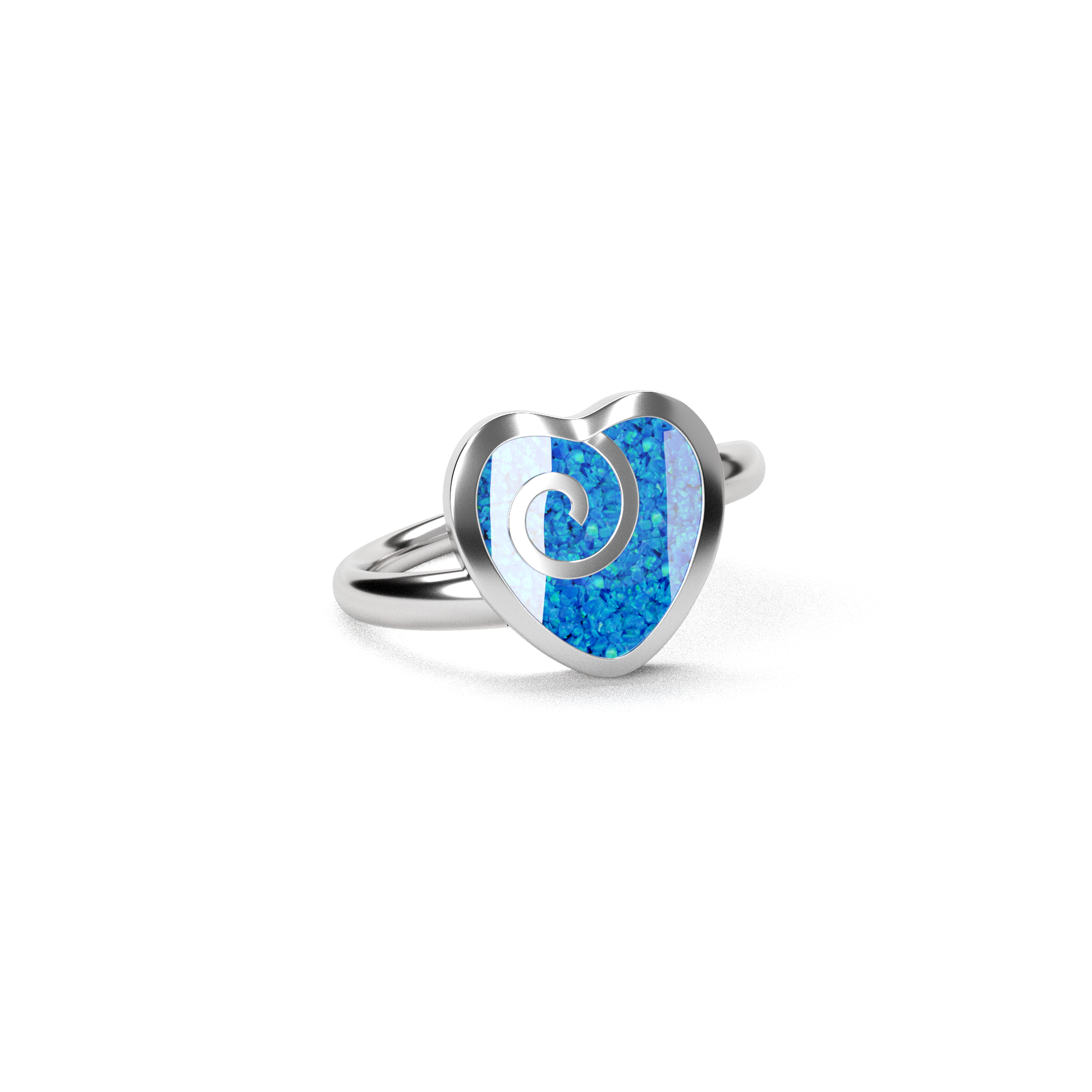 Opals & Ashes Spiral Heart Memorial Ring Silver. Ashes blended with Pacific Blue Opals.