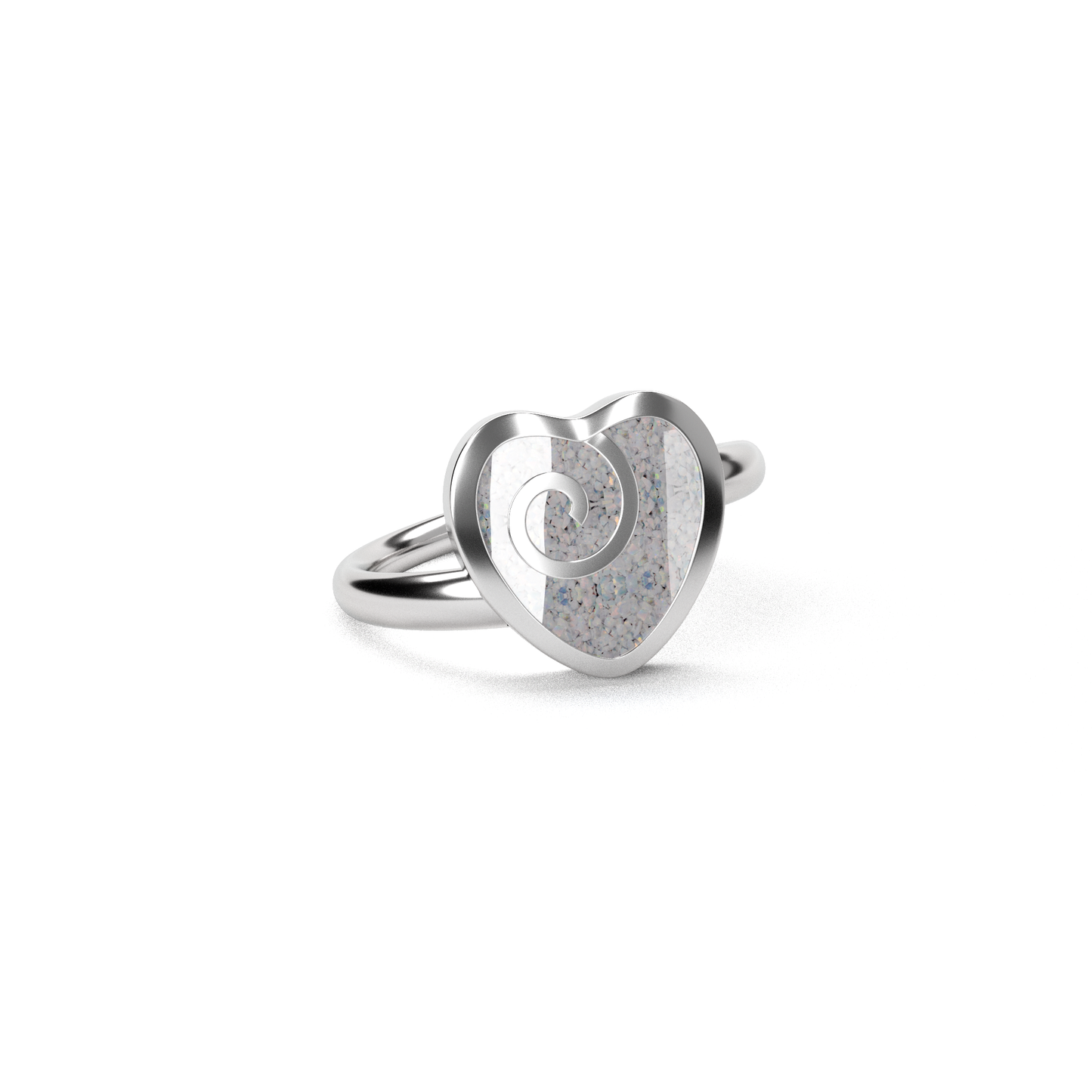 Opals & Ashes Spiral Heart Memorial Ring Silver. Ashes blended with Pearl White Opals.