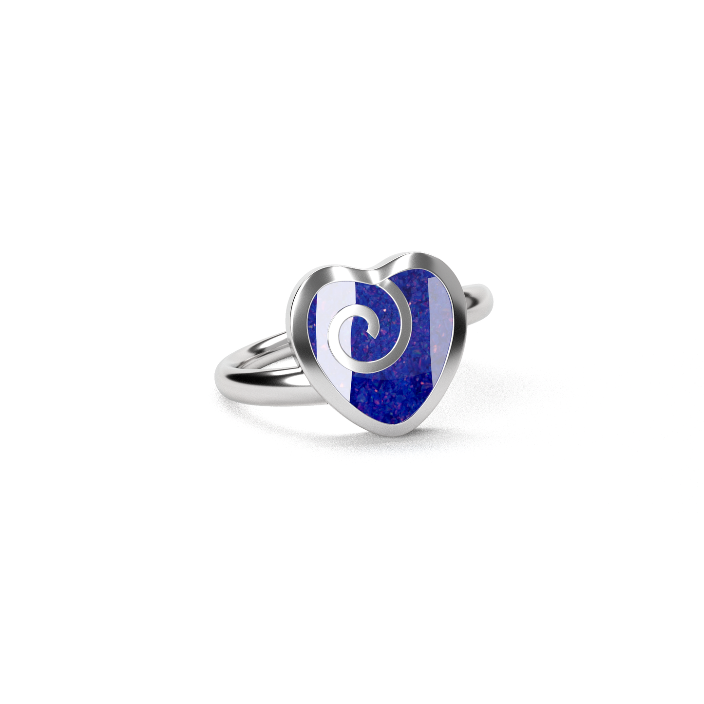 Opals & Ashes Spiral Heart Memorial Ring Silver. Ashes blended with Royal Blue Opals.