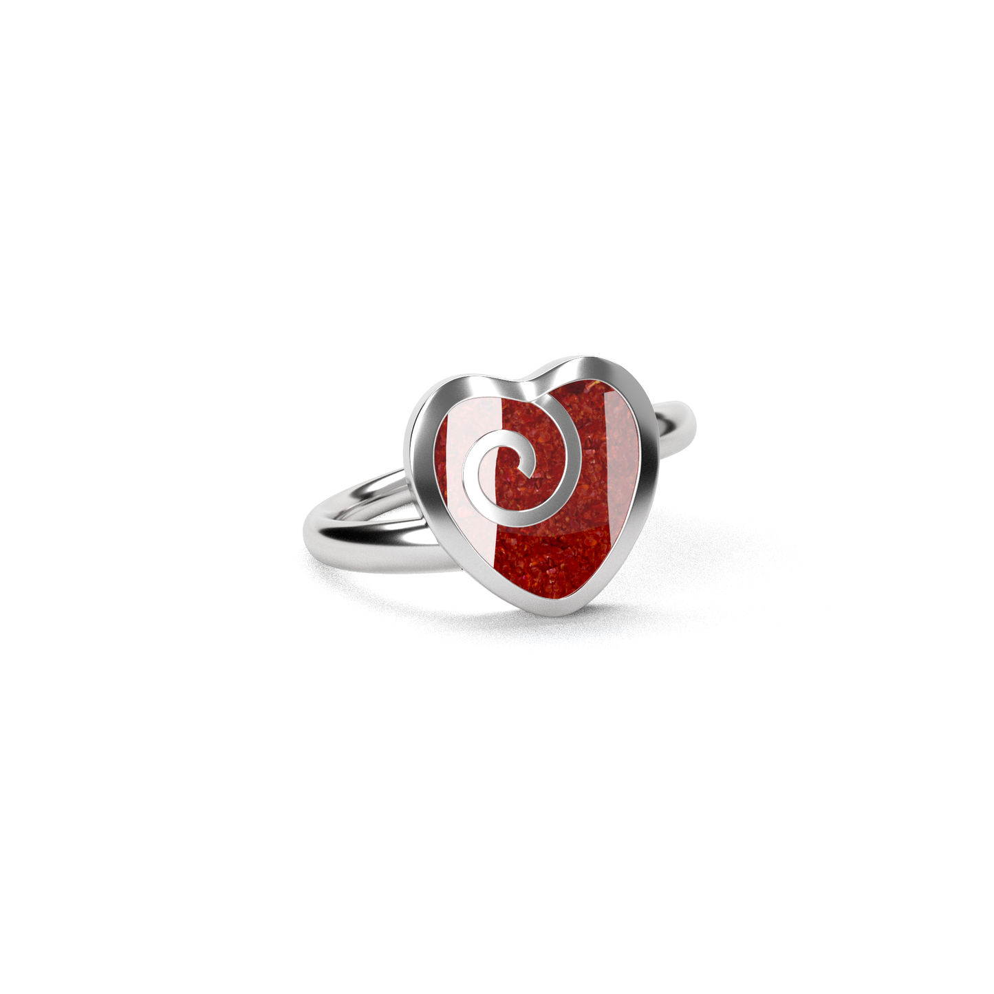 Opals & Ashes Spiral Heart Memorial Ring Silver. Ashes blended with Ruby Red Opals.