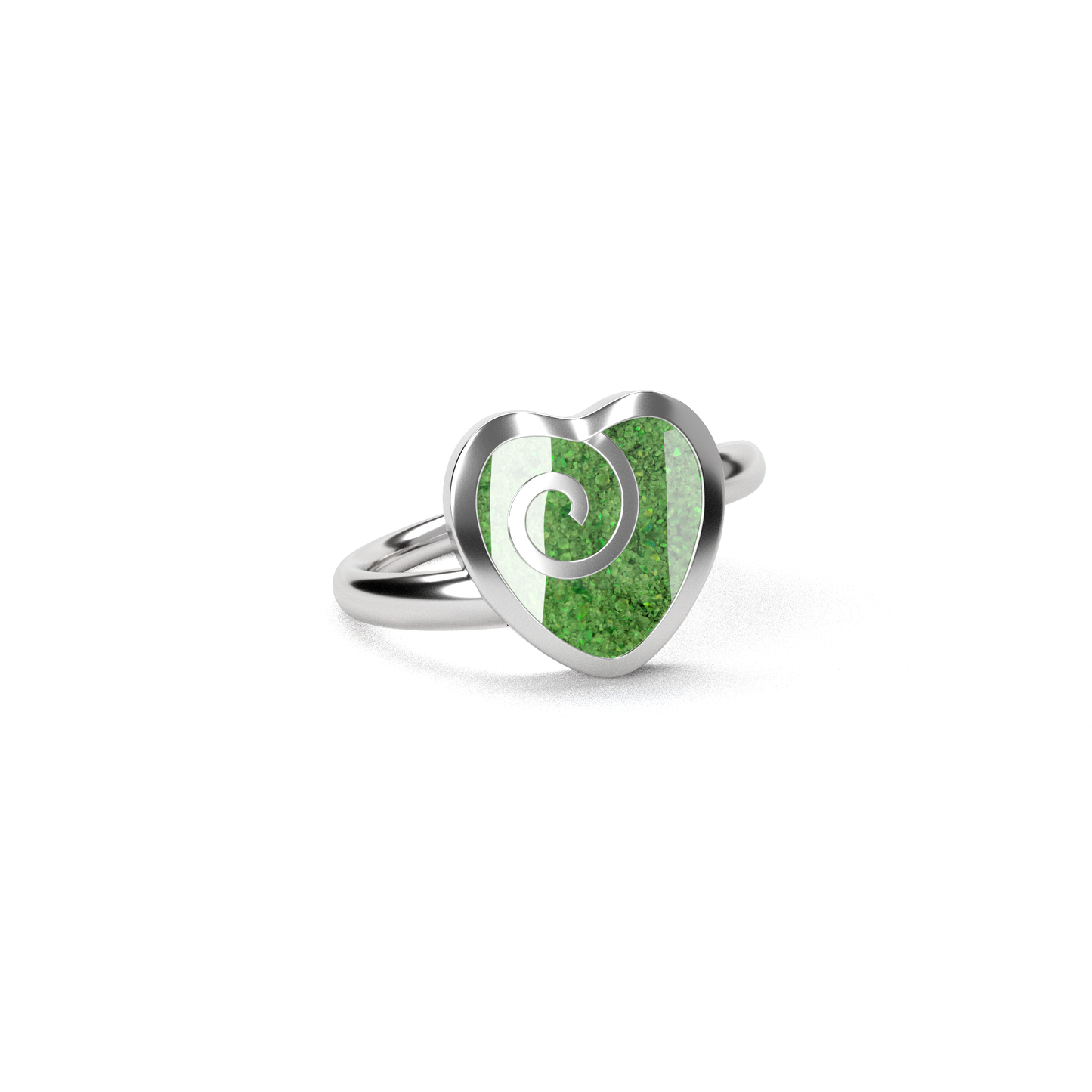 Opals & Ashes Spiral Heart Memorial Ring Silver. Ashes blended with Spring Green Opals.