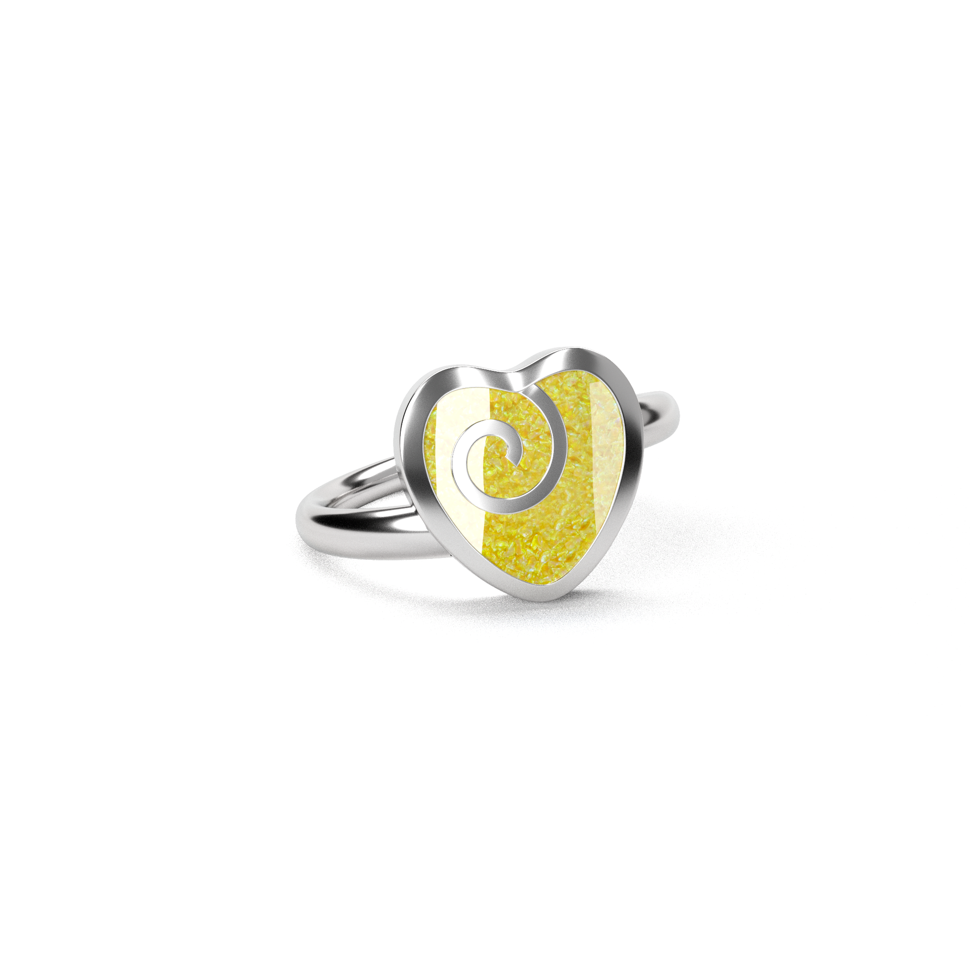 Opals & Ashes Spiral Heart Memorial Ring Silver. Ashes blended with Summer Yellow Opals.