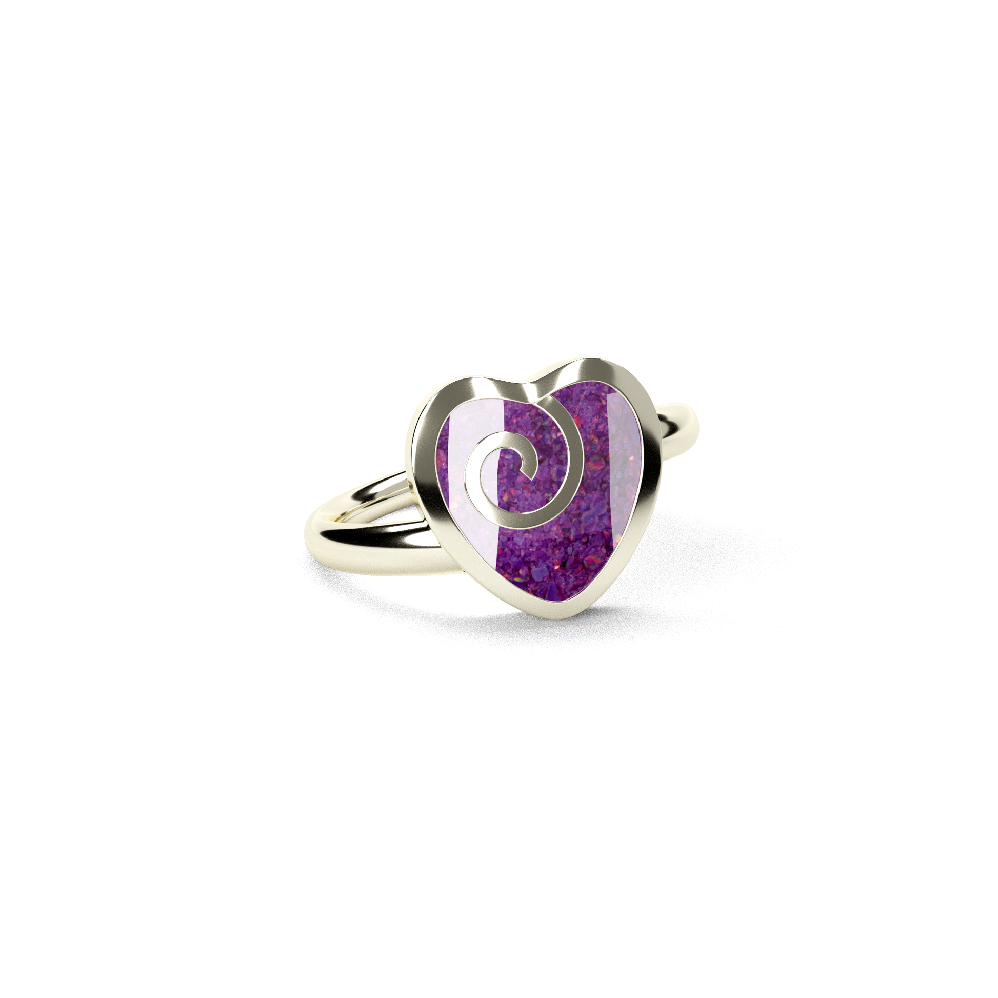 Opals & Ashes Spiral Heart Memorial Ring 9ct White Gold. Ashes blended with Lavender Opals.