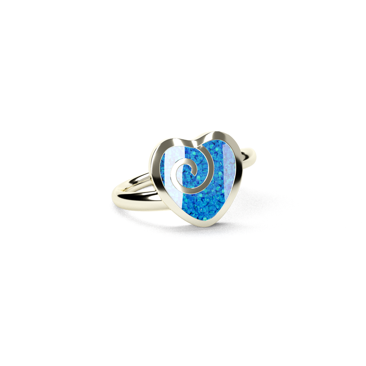 Opals & Ashes Spiral Heart Memorial Ring 9ct White Gold. Ashes blended with Pacific Blue Opals.