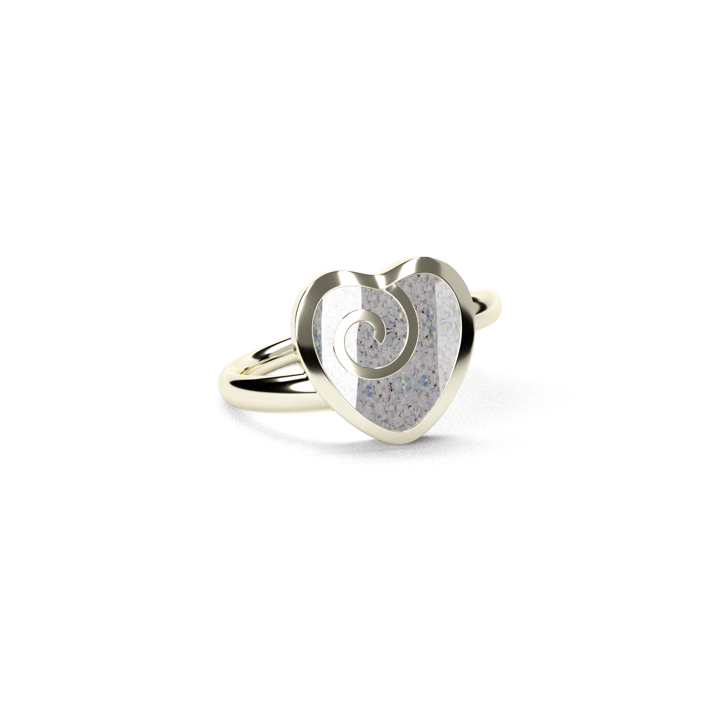 Opals & Ashes Spiral Heart Memorial Ring 9ct White Gold. Ashes blended with Pearl White Opals.