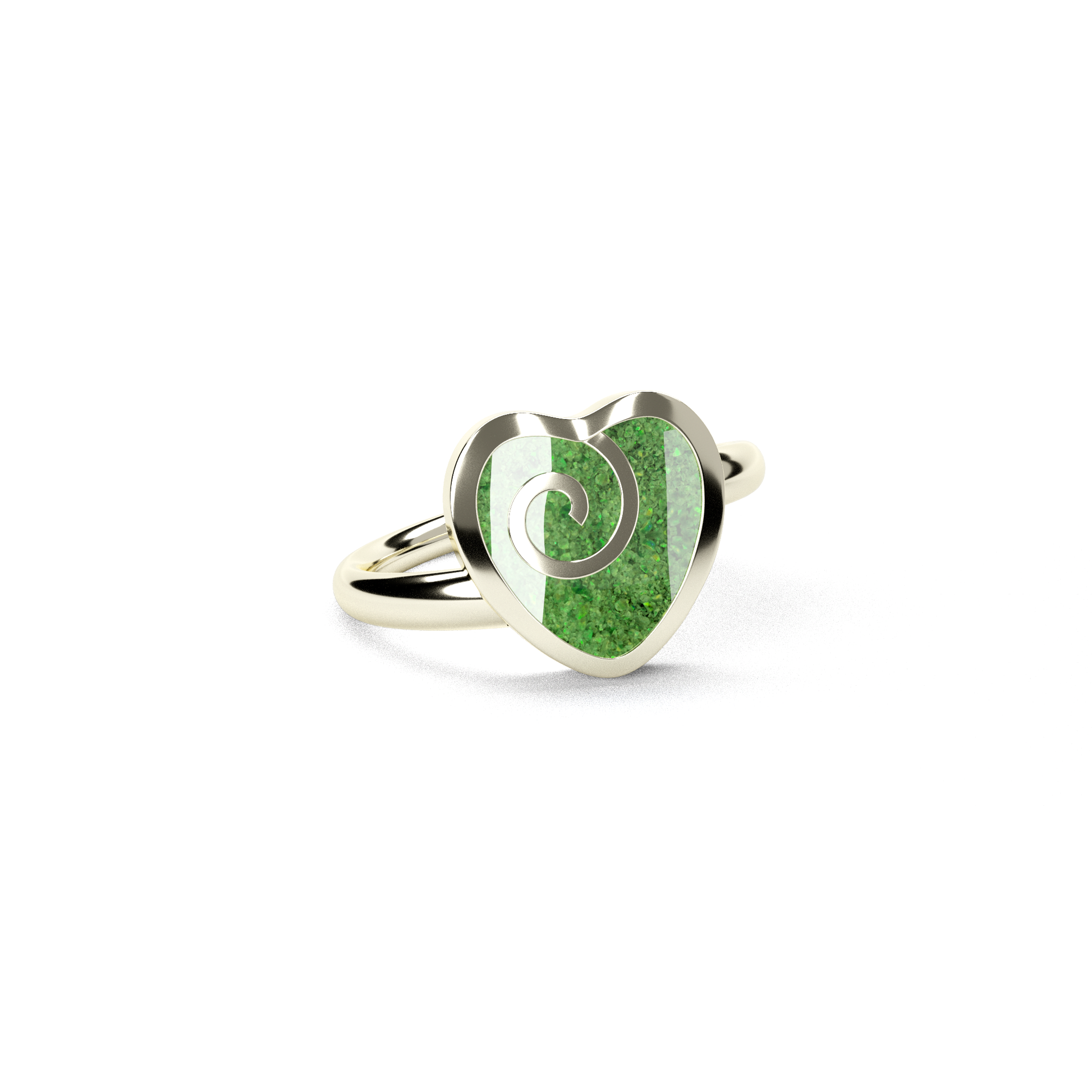 Opals & Ashes Spiral Heart Memorial Ring 9ct White Gold. Ashes blended with Spring Green Opals.