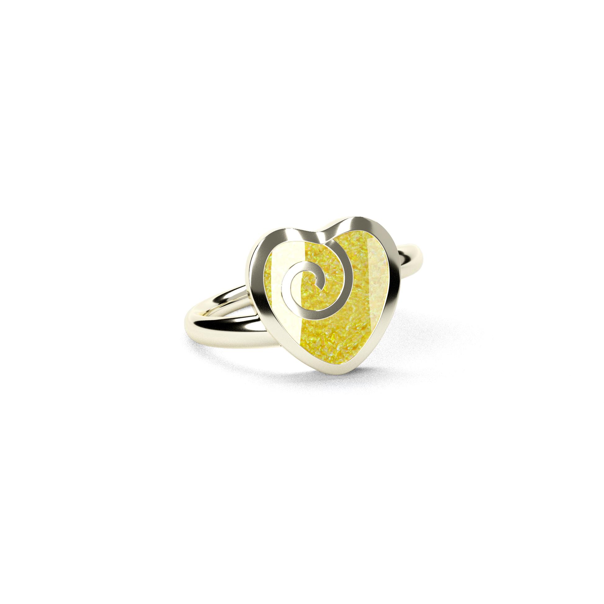 Opals & Ashes Spiral Heart Memorial Ring 9ct White Gold. Ashes blended with Summer Yellow Opals.