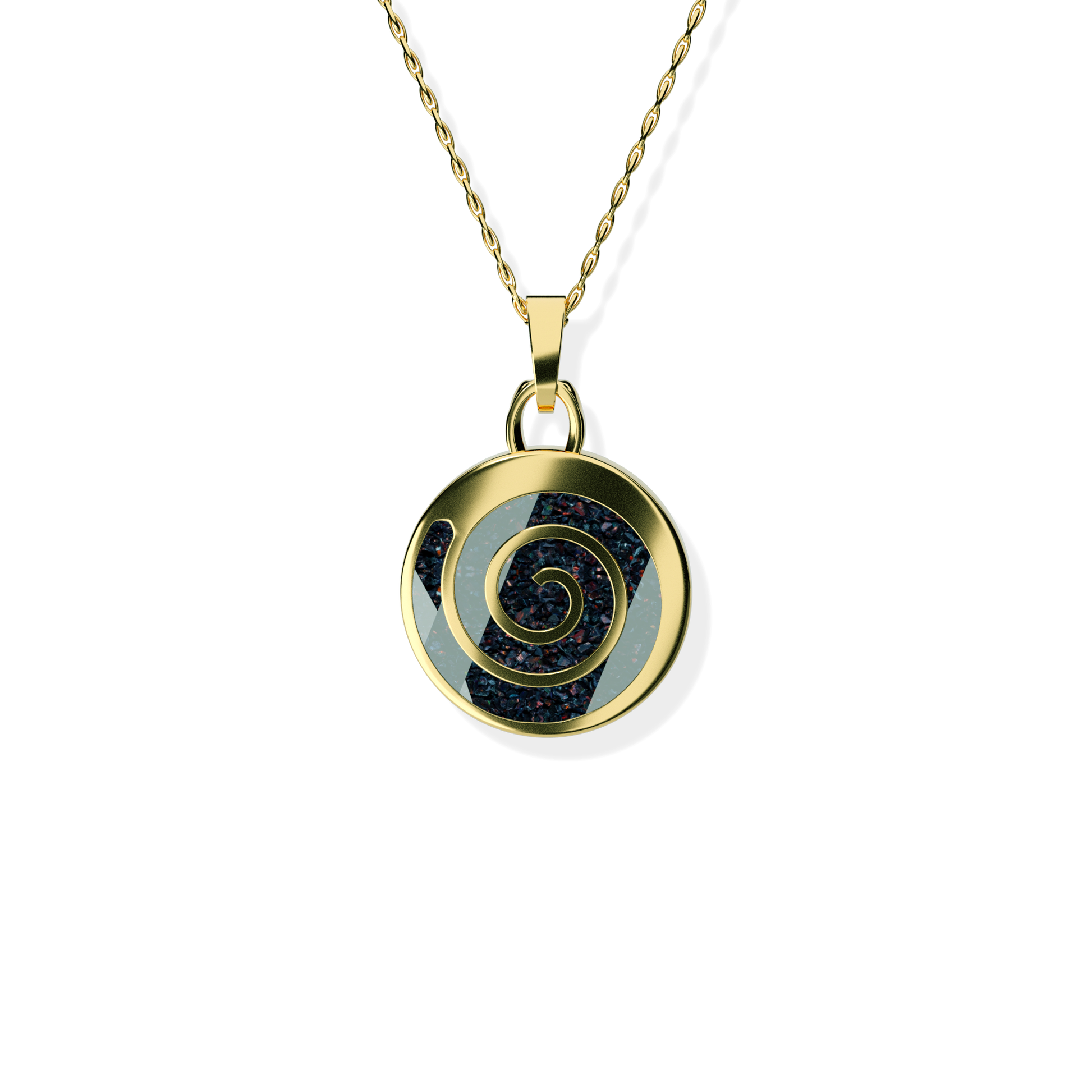 Opals & Ashes Spiral Memorial Pendant 9ct Yellow Gold. Ashes blended with Black Fire Opals.