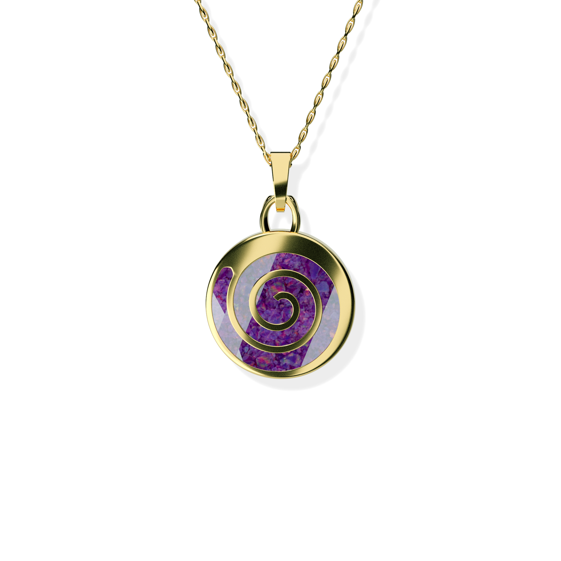 Opals & Ashes Spiral Memorial Pendant 9ct Yellow Gold. Ashes blended with Lavender Opals.