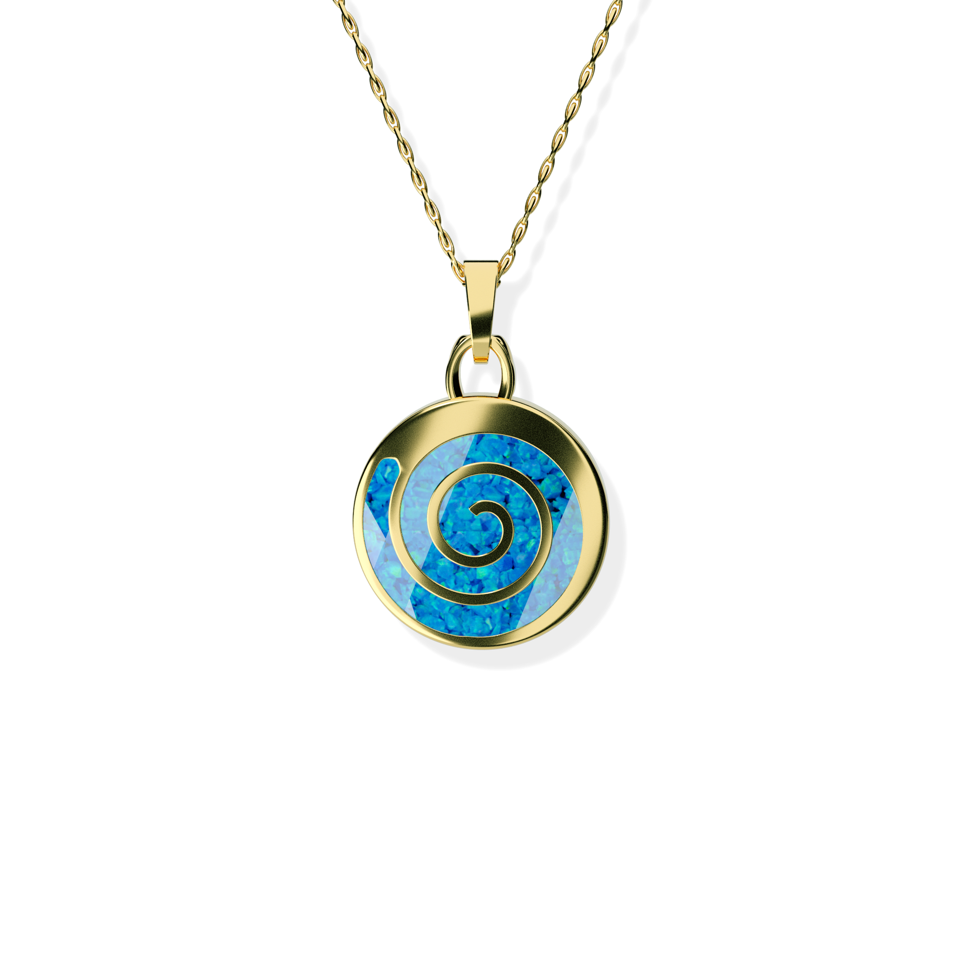 Opals & Ashes Spiral Memorial Pendant 9ct Yellow Gold. Ashes blended with Pacific Blue Opals.