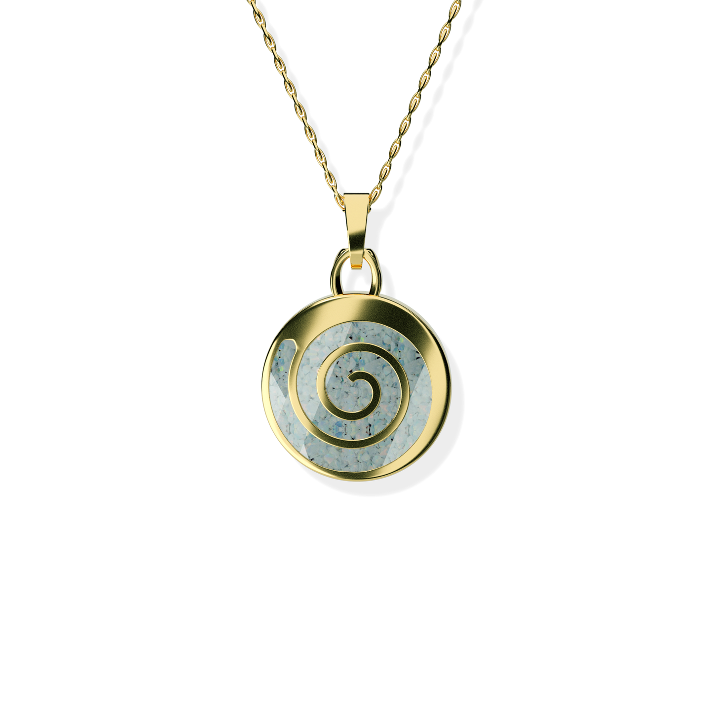 Opals & Ashes Spiral Memorial Pendant 9ct Yellow Gold. Ashes blended with Pearl White Opals.