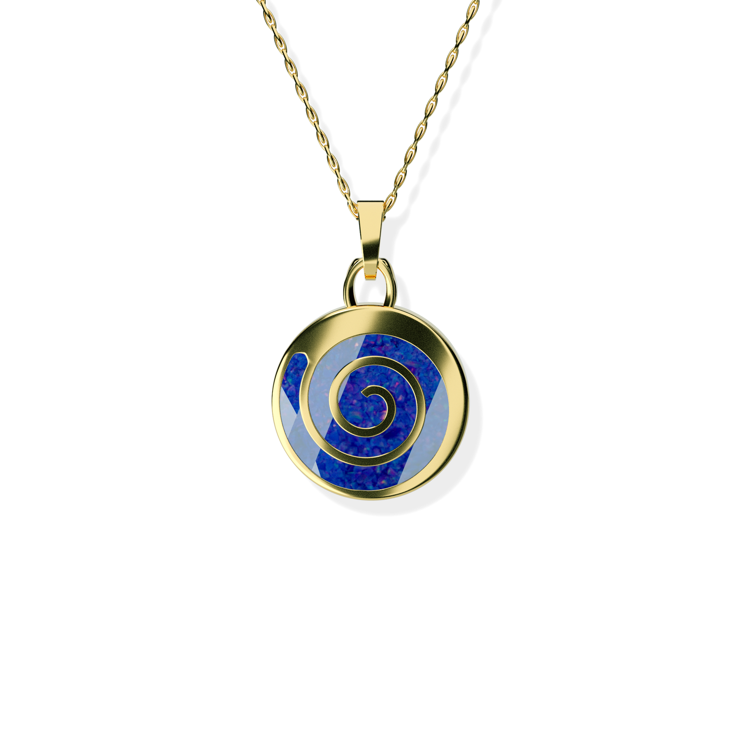 Opals & Ashes Spiral Memorial Pendant 9ct Yellow Gold. Ashes blended with Royal Blue Opals.