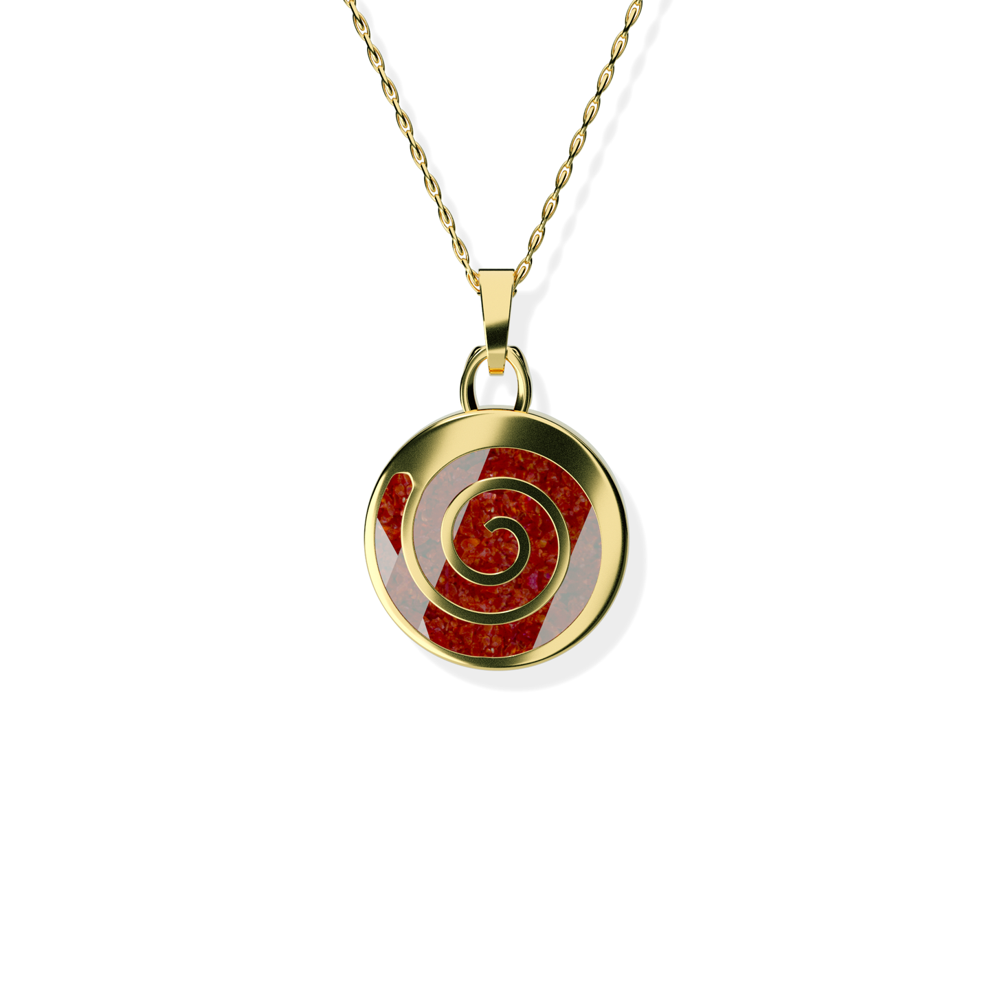 Opals & Ashes Spiral Memorial Pendant 9ct Yellow Gold. Ashes blended with Ruby Red Opals.