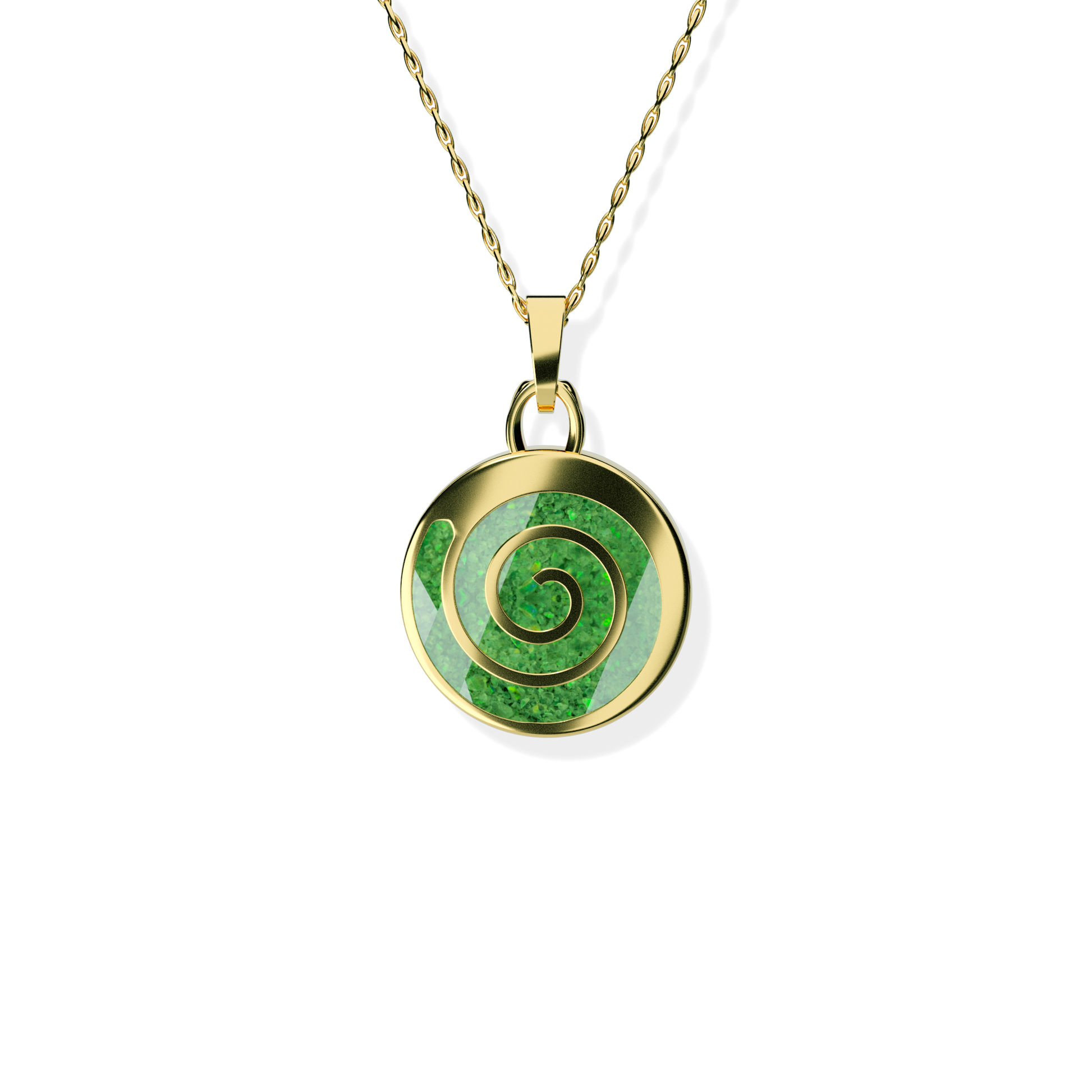 Opals & Ashes Spiral Memorial Pendant 9ct Yellow Gold. Ashes blended with Spring Green Opals.