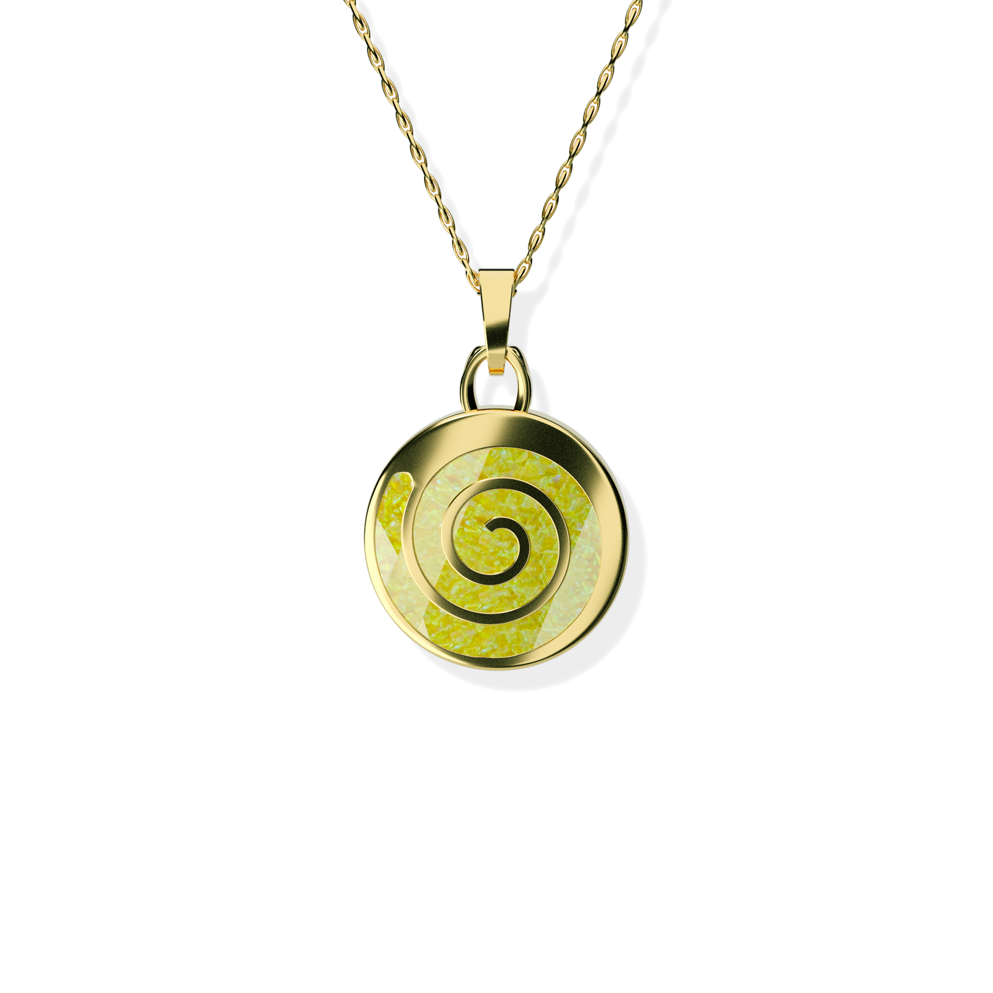 Opals & Ashes Spiral Memorial Pendant 9ct Yellow Gold. Ashes blended with Summer Yellow Opals.