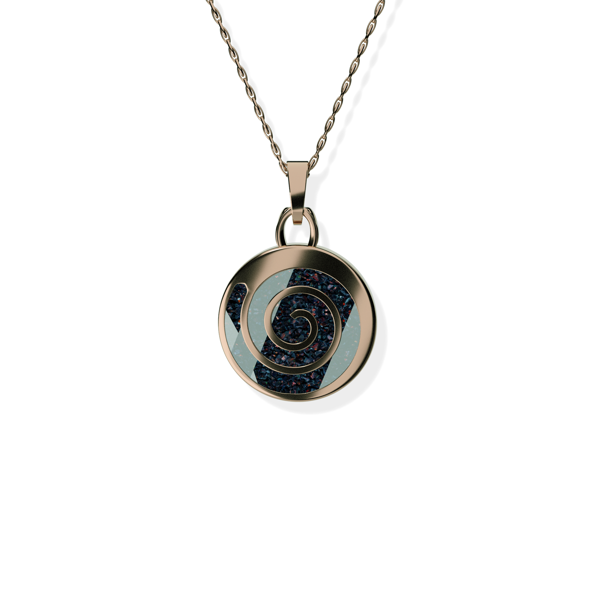 Opals & Ashes Spiral Memorial Pendant 9ct Rose Gold. Ashes blended with Black Fire Opals.