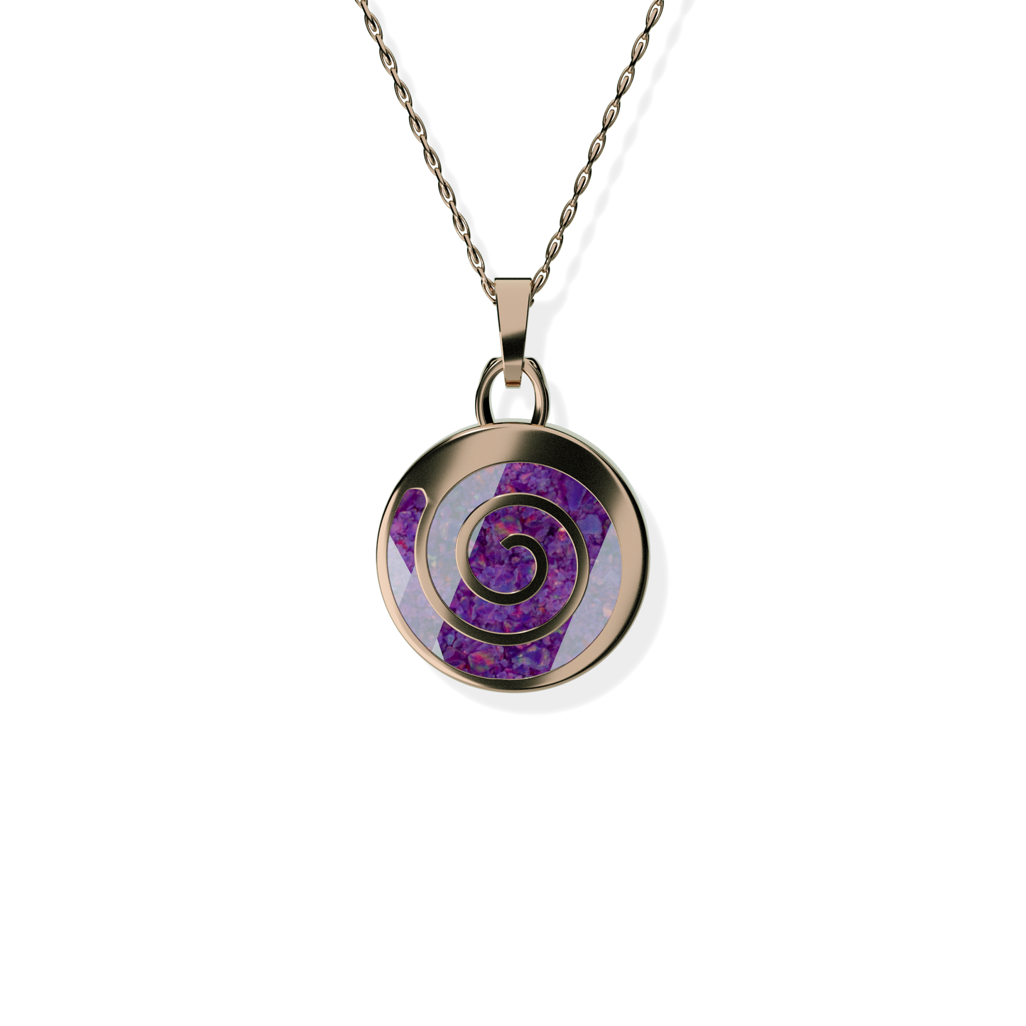 Opals & Ashes Spiral Memorial Pendant 9ct Rose Gold. Ashes blended with Lavender Opals.